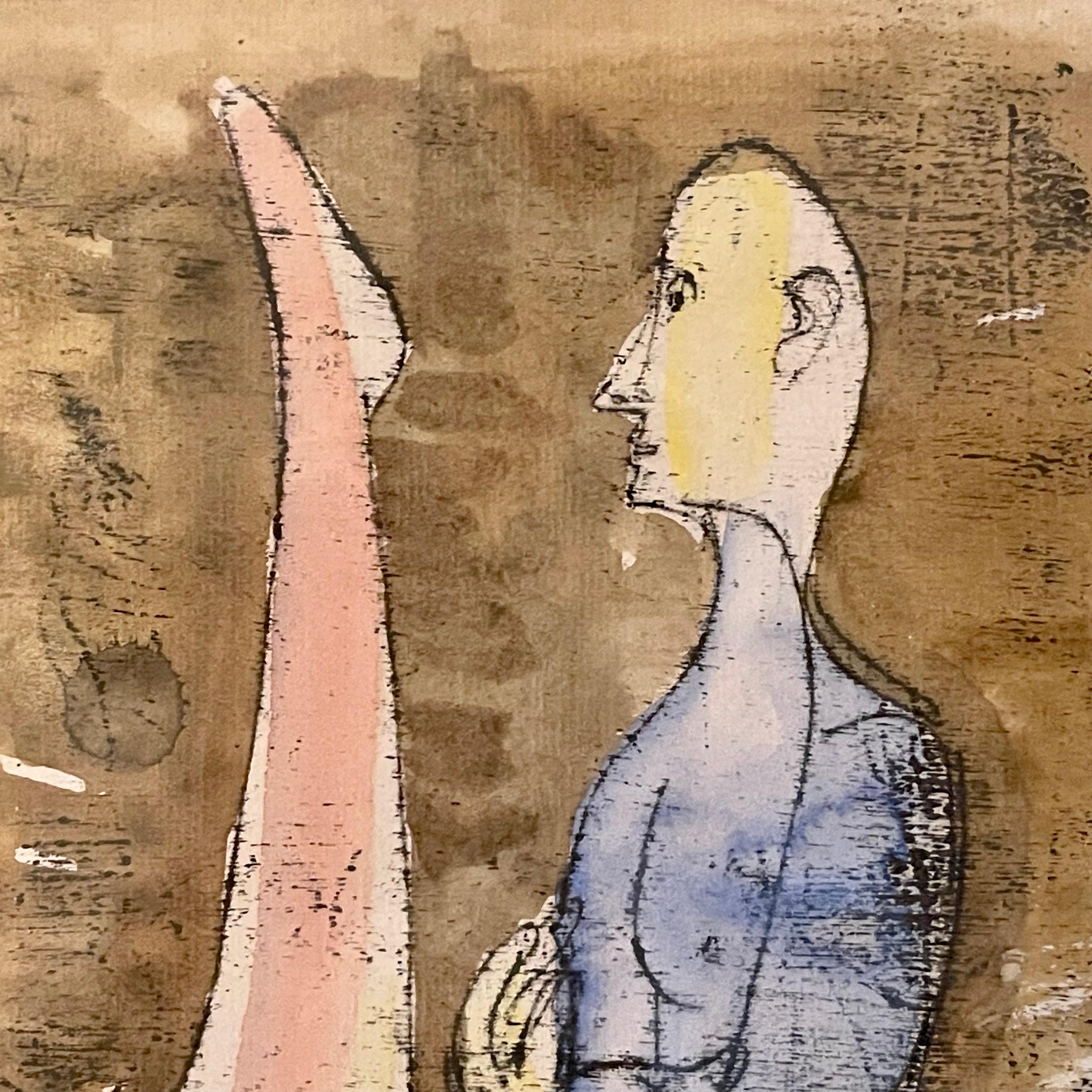 Jankel Adler Erotic Work on Paper, Standing Couple - Monotype and Gouache, 1940s In Good Condition For Sale In London, GB