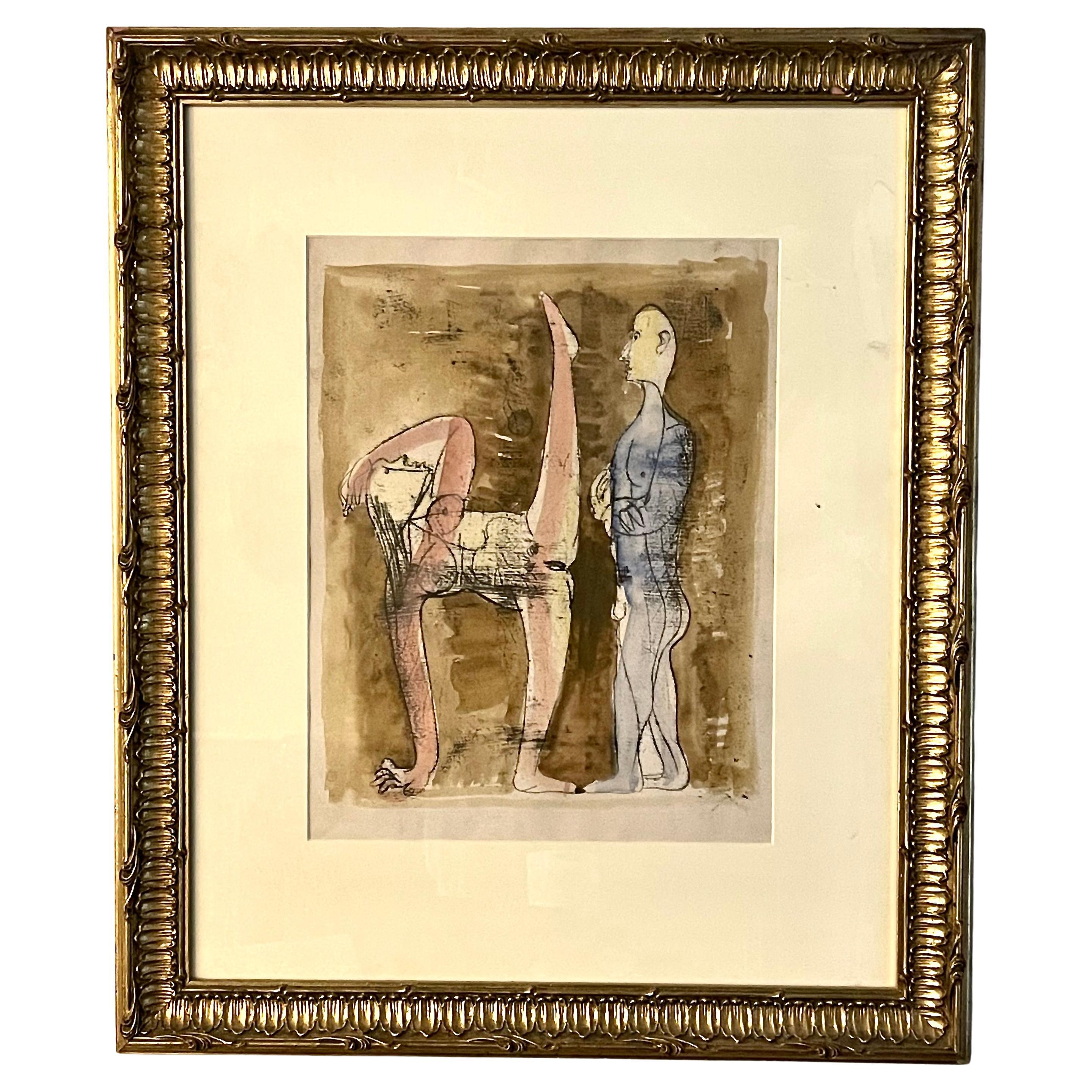 Jankel Adler Erotic Work on Paper, Standing Couple - Monotype and Gouache, 1940s For Sale