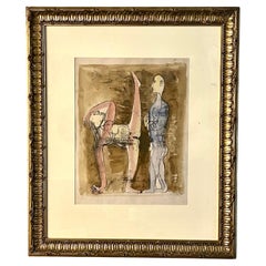 Used Jankel Adler Erotic Work on Paper, Standing Couple - Monotype and Gouache, 1940s