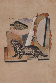 Cat and grapes - Jankel Adler, polish, modern art, still life, cat, fruit