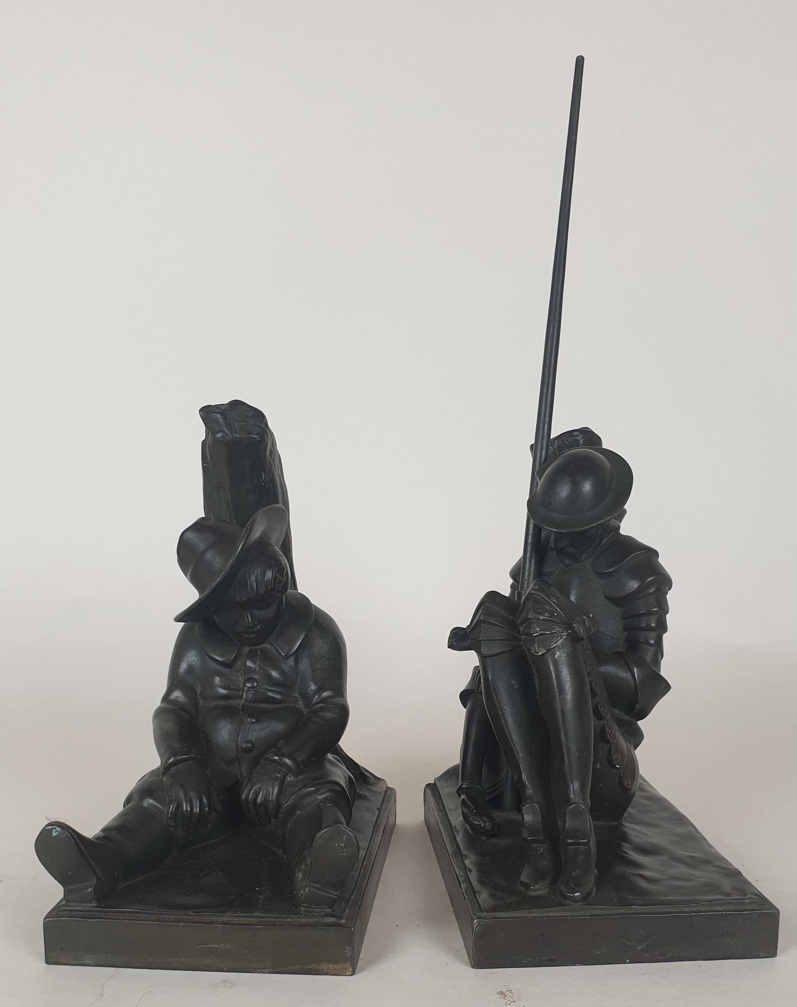 Pair of bookends representing the hero of Spanish literature Don Quixote and his faithful Sancho Panza: both are seated, asleep.

Brown patina metal sculptures (spelter), one of them is signed Janlé.They were published by Max Le Verrier.

Light