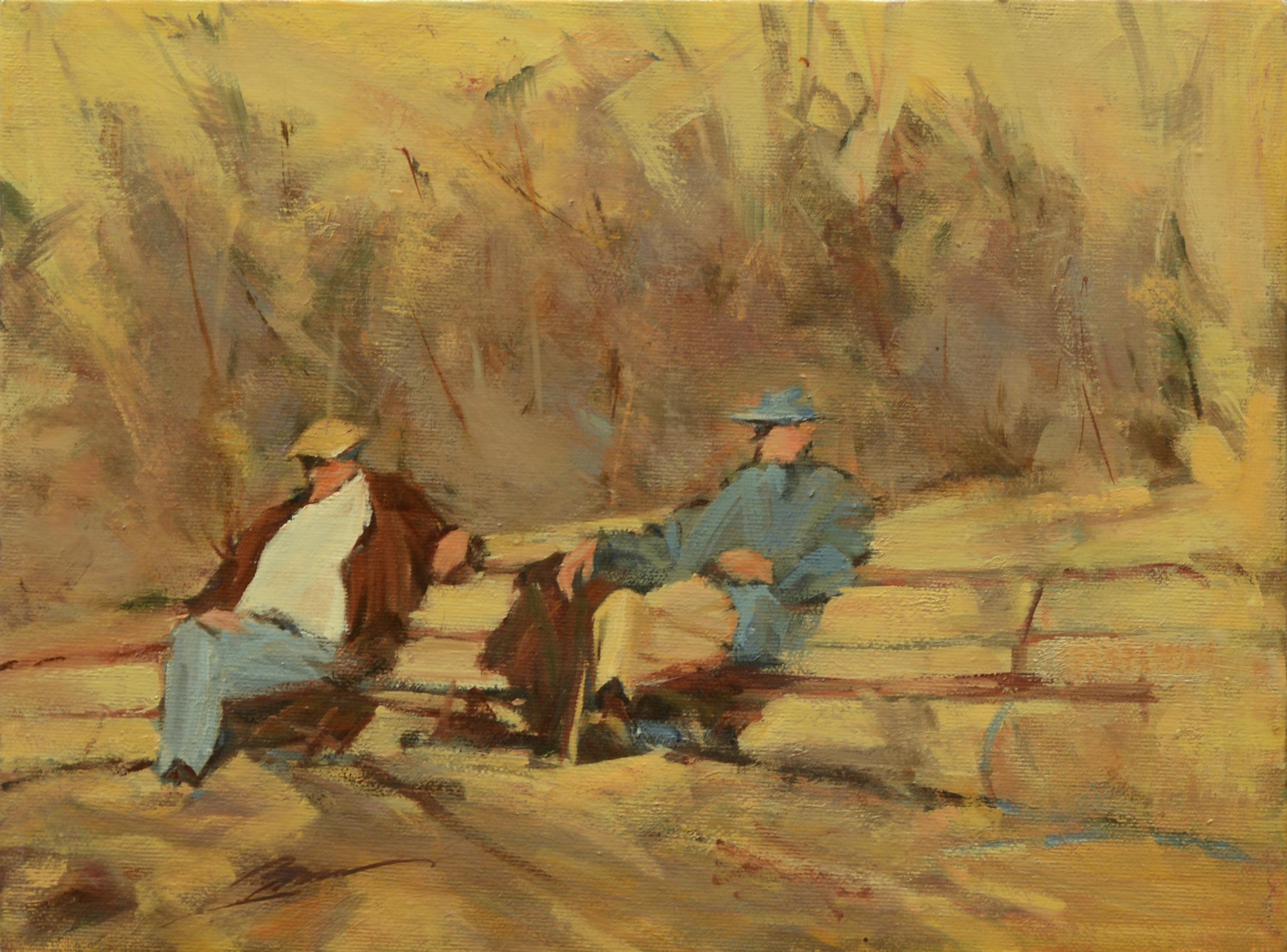 "Noticias de negocios" (2009) de Jann T. Bass, Pintura al óleo original de paisaje