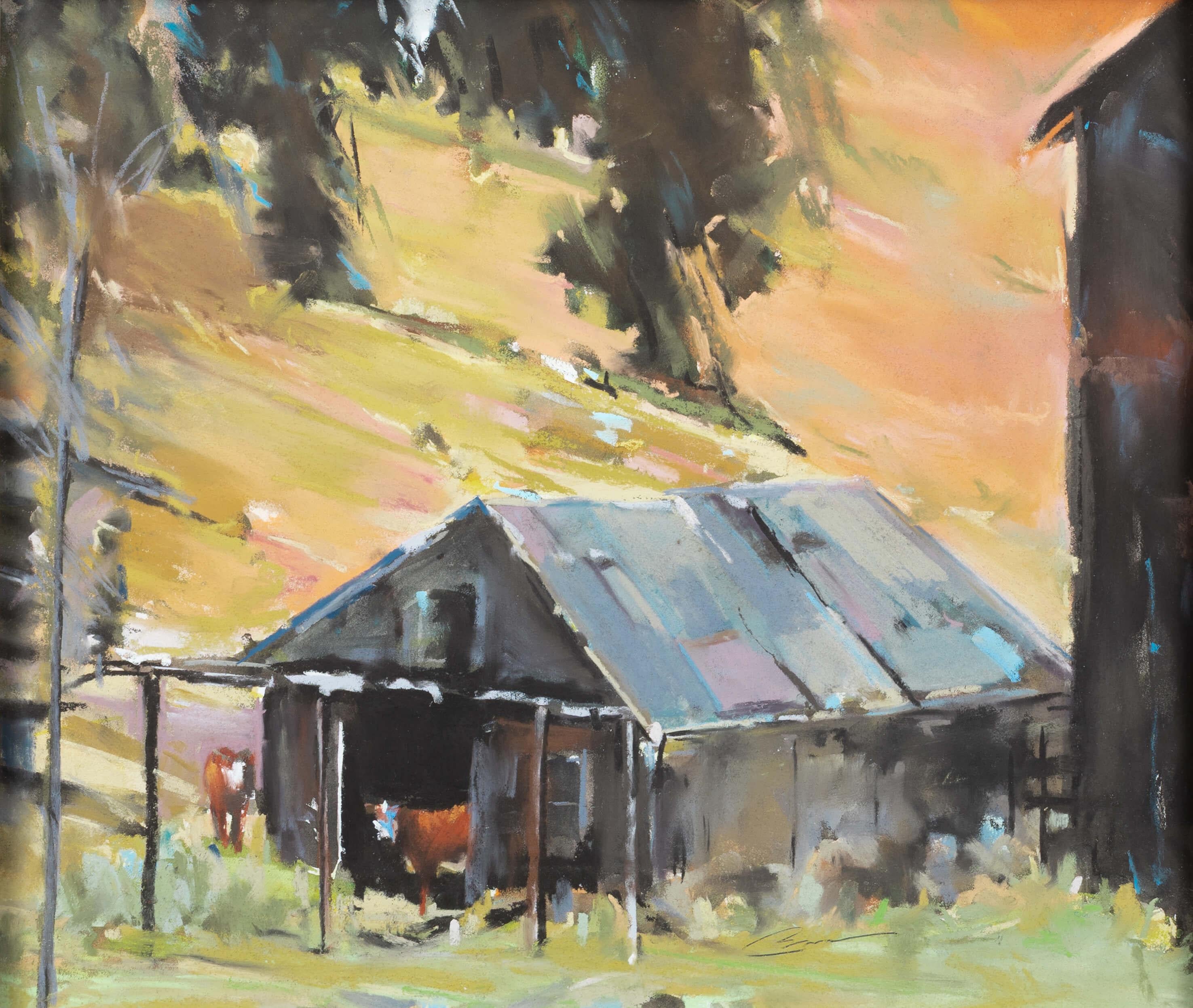 "Valley View" (ca. 2000) by Jann T. Bass is an original handmade pastel painting that depicts two cows next to a rural barn in a warm landscape. This painting measures 9 x 12 inches, framed at 18 x 20.5 inches, and is ready to hang.

An avid