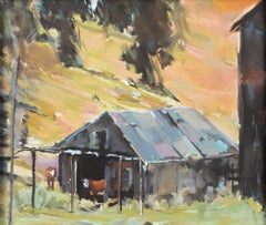 "Dos vacas" (ca. 2000) de Jann T. Bass, Pintura al óleo original de paisaje del Oeste