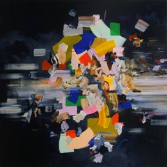 Falling Towards Myself, Large Square Multicolored Abstract Painting on Black