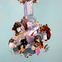 I Long for a Balmy Breeze, Square Abstract Painting in Light Blue, Dark Red