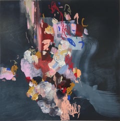 Moody As Light, Abstraktes Gemälde mit rosa, blauem, burgunderrotem und schwarzem Hintergrund
