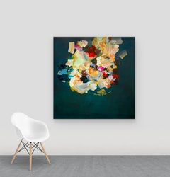Parrot Speak, Square Abstract Painting in Red, Yellow Ochre, Mint, Emerald Green