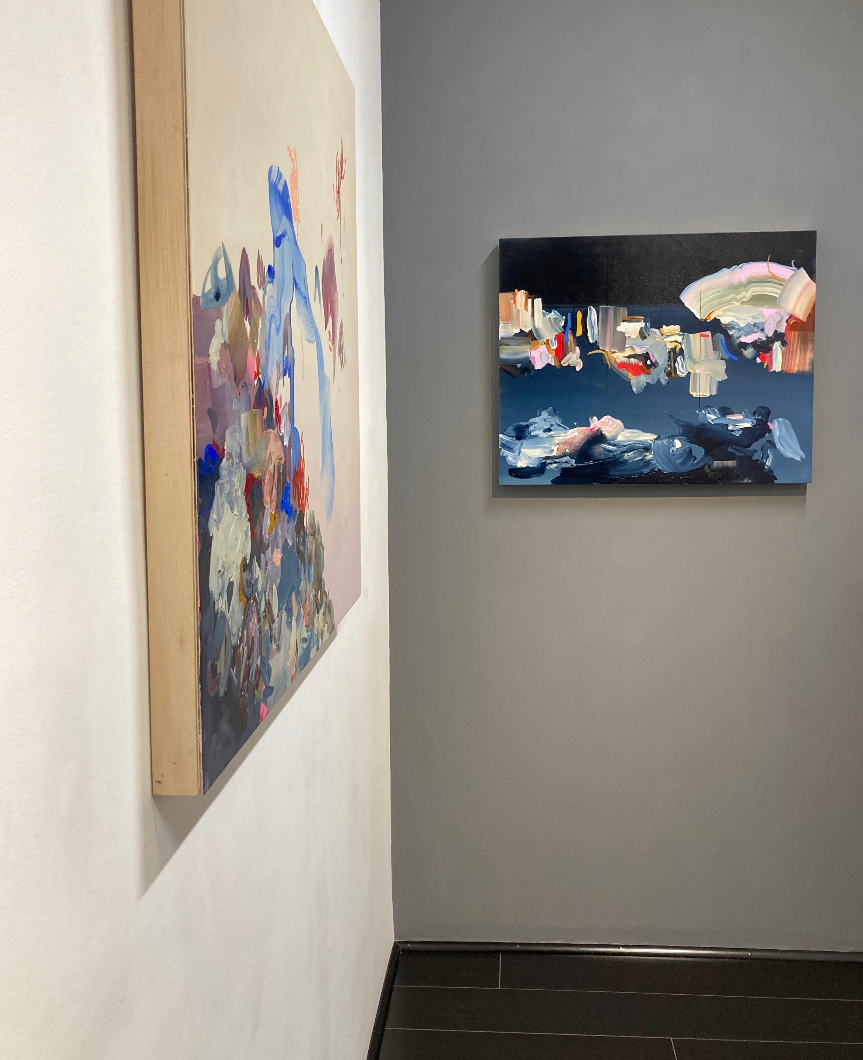 The Smell of Rain:: quadratisches abstraktes Gemälde mit blauem:: rosa:: gelbem Ocker:: schwarz 7