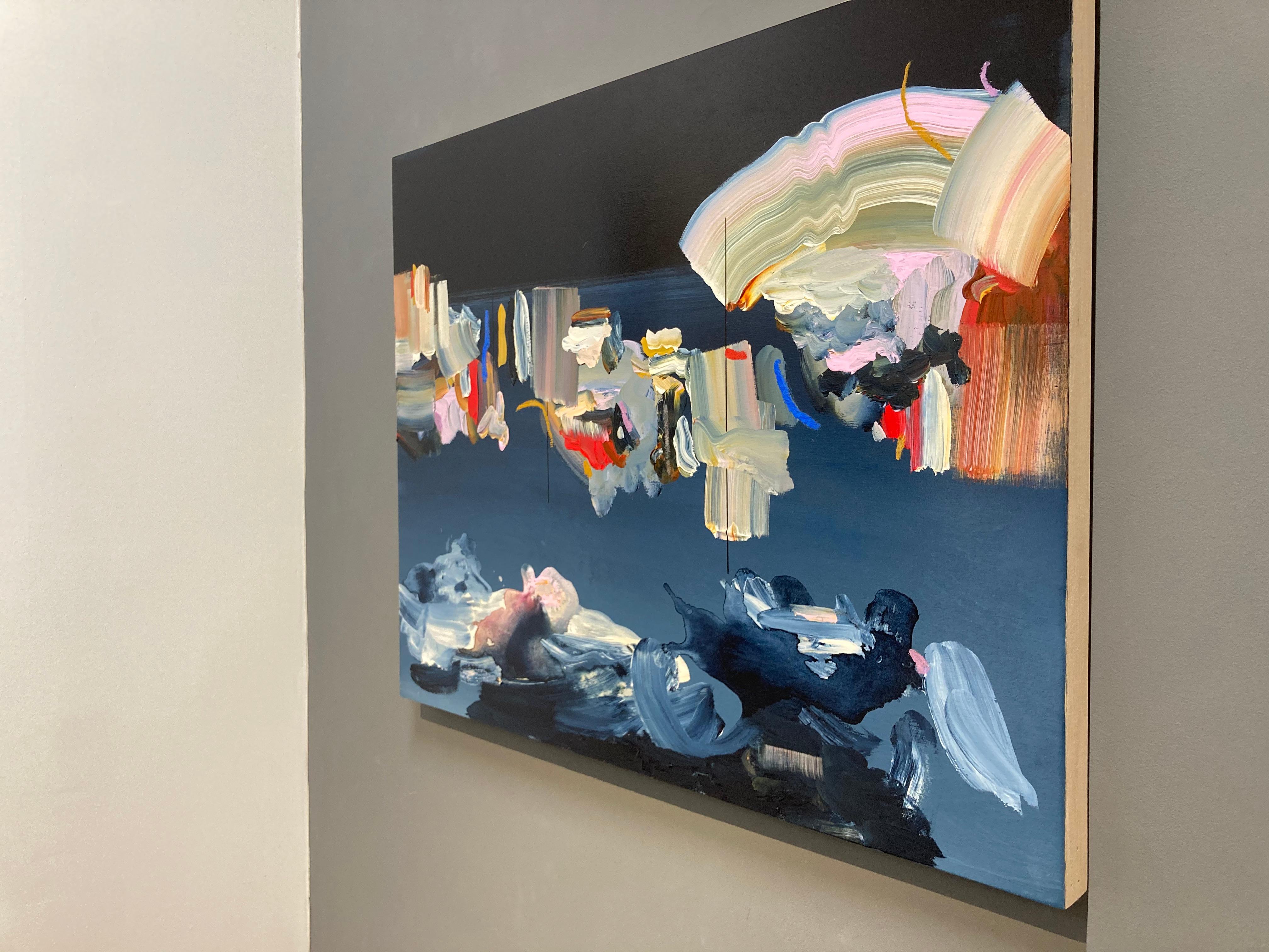 The Smell of Rain:: quadratisches abstraktes Gemälde mit blauem:: rosa:: gelbem Ocker:: schwarz (Schwarz), Abstract Painting, von Janna Watson