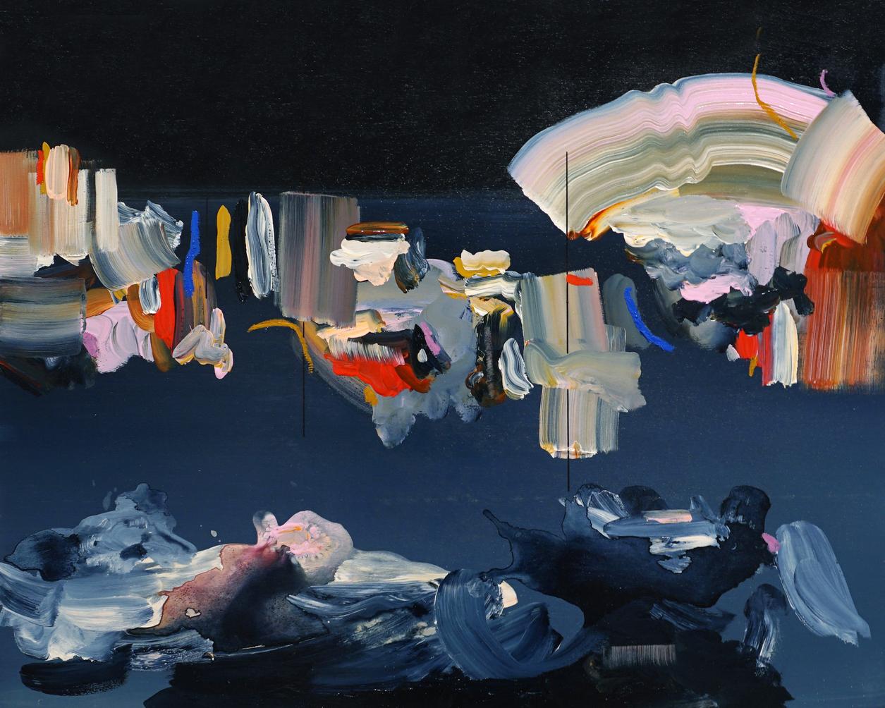 Janna Watson Abstract Painting – The Smell of Rain:: quadratisches abstraktes Gemälde mit blauem:: rosa:: gelbem Ocker:: schwarz