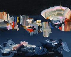The Smell of Rain:: quadratisches abstraktes Gemälde mit blauem:: rosa:: gelbem Ocker:: schwarz