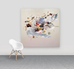 Through A Clear Cut Rockies Sky, Large Square Abstract Painting in Ivory, Indigo