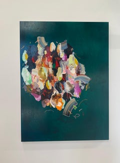 Trash Talking A Butterfly, Abstract Painting, Dark Green, Pink, Yellow Ochre