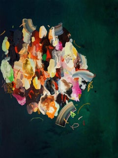 Trash Talking A Butterfly, peinture abstraite, vert foncé, rose, ocre jaune