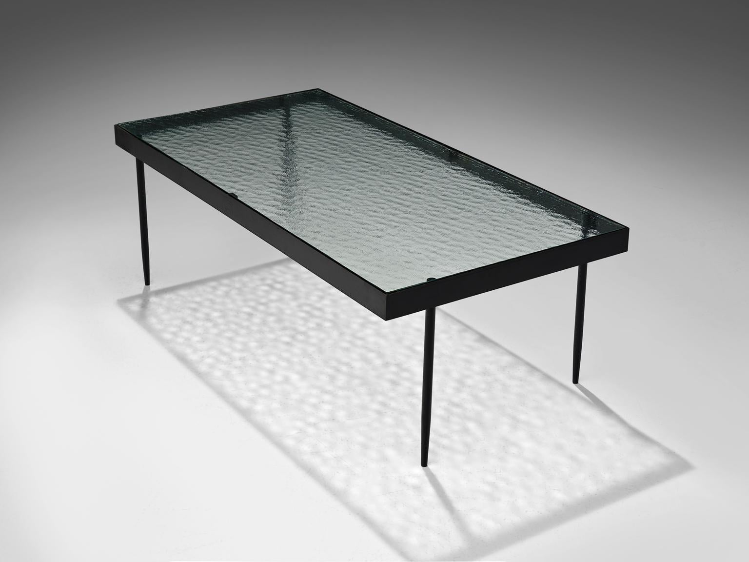 Janni van Pelt for Bas van Pelt, coffee table, glass, metal, Netherlands, 1958

This is a rare rectangular coffee table is designed by Janni van Pelt for Bas van Pelt. The table is made from reinforced glass with delicate tapered legs and a black