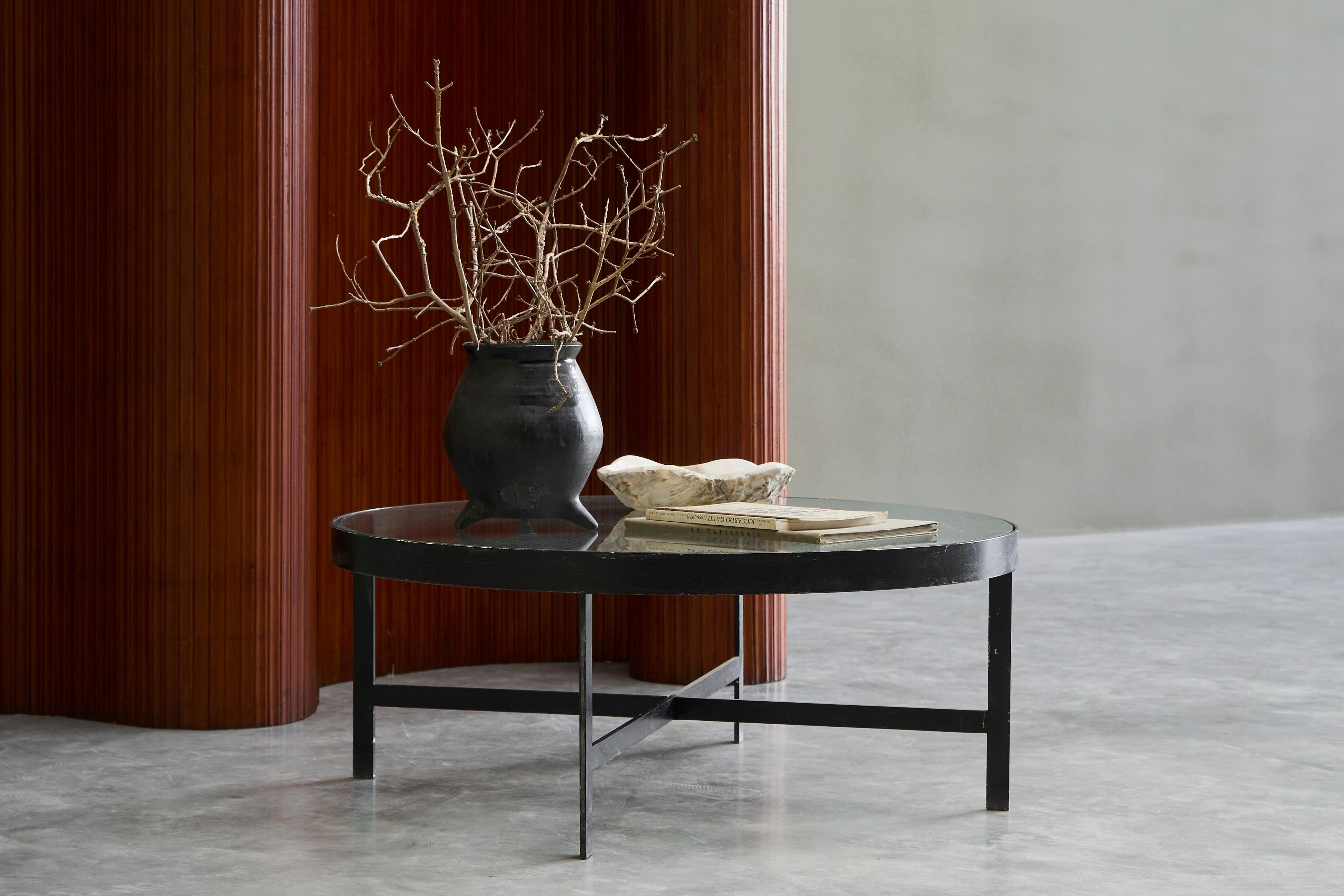 Hand-Crafted Janni van Pelt Coffee Table in Patinated Metal and Glass The Netherlands 1950s For Sale