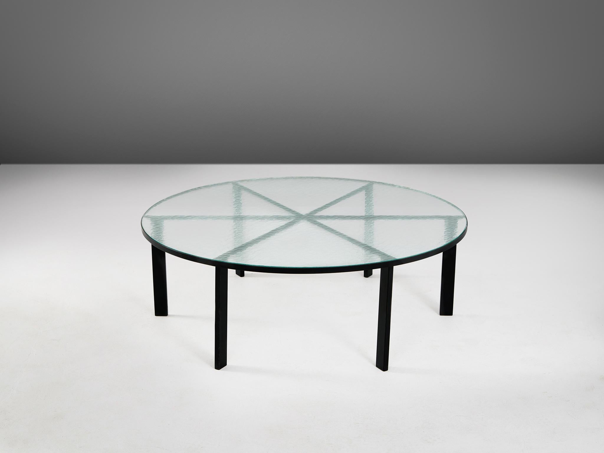 Janni Van Pelt, coffee table, frosted glass and black coated metal, the Netherlands, 1950s

Dutch Modernist cocktail table by Janni Van Pelt. The table is produced by Bas Van Pelt and features a black coated squared tube frame. The six-legged frame