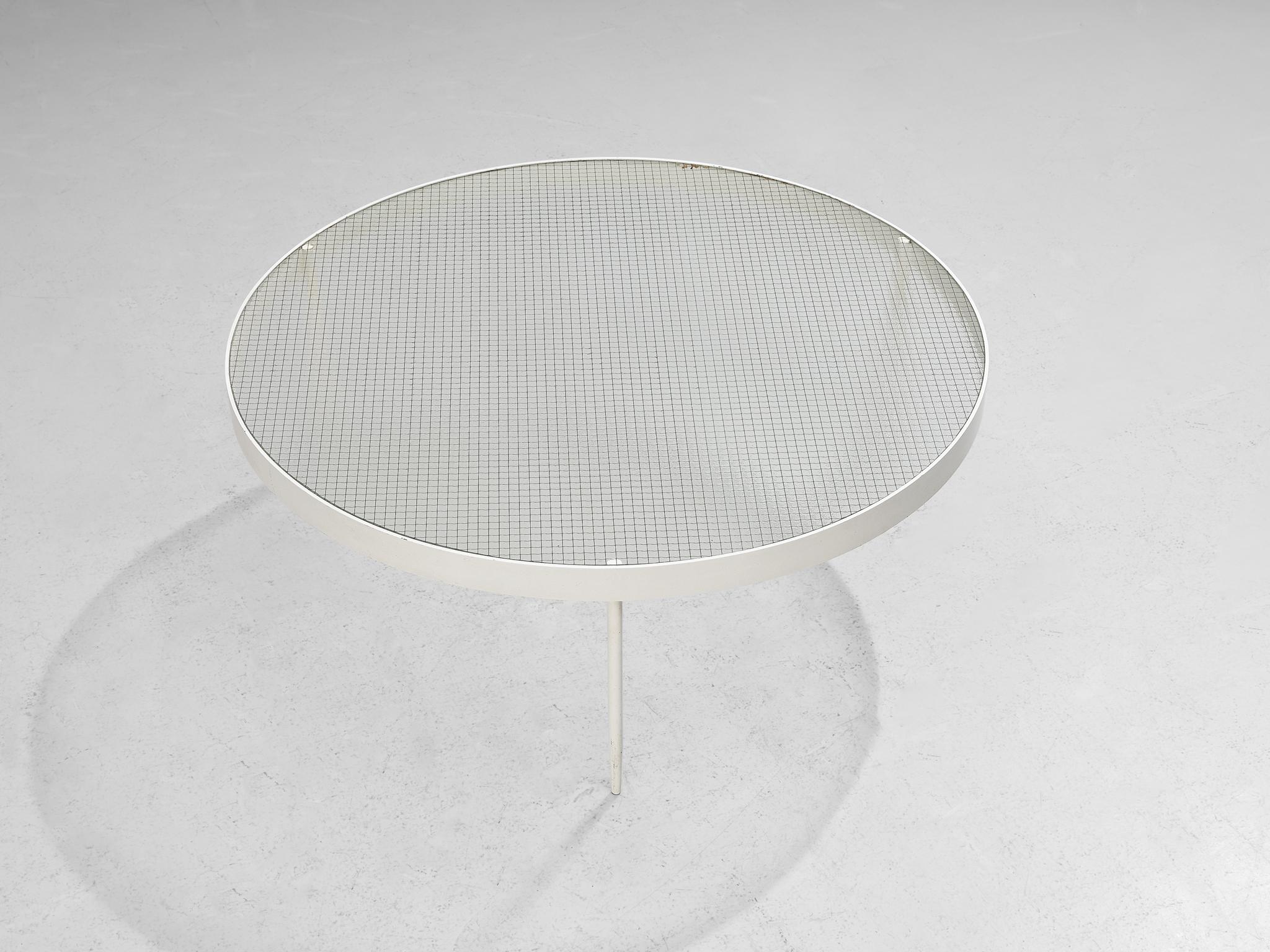 Janni Van Pelt, runder Couchtisch aus weiß lackiertem Metall und verdrahtetem Glas  (Moderne der Mitte des Jahrhunderts) im Angebot