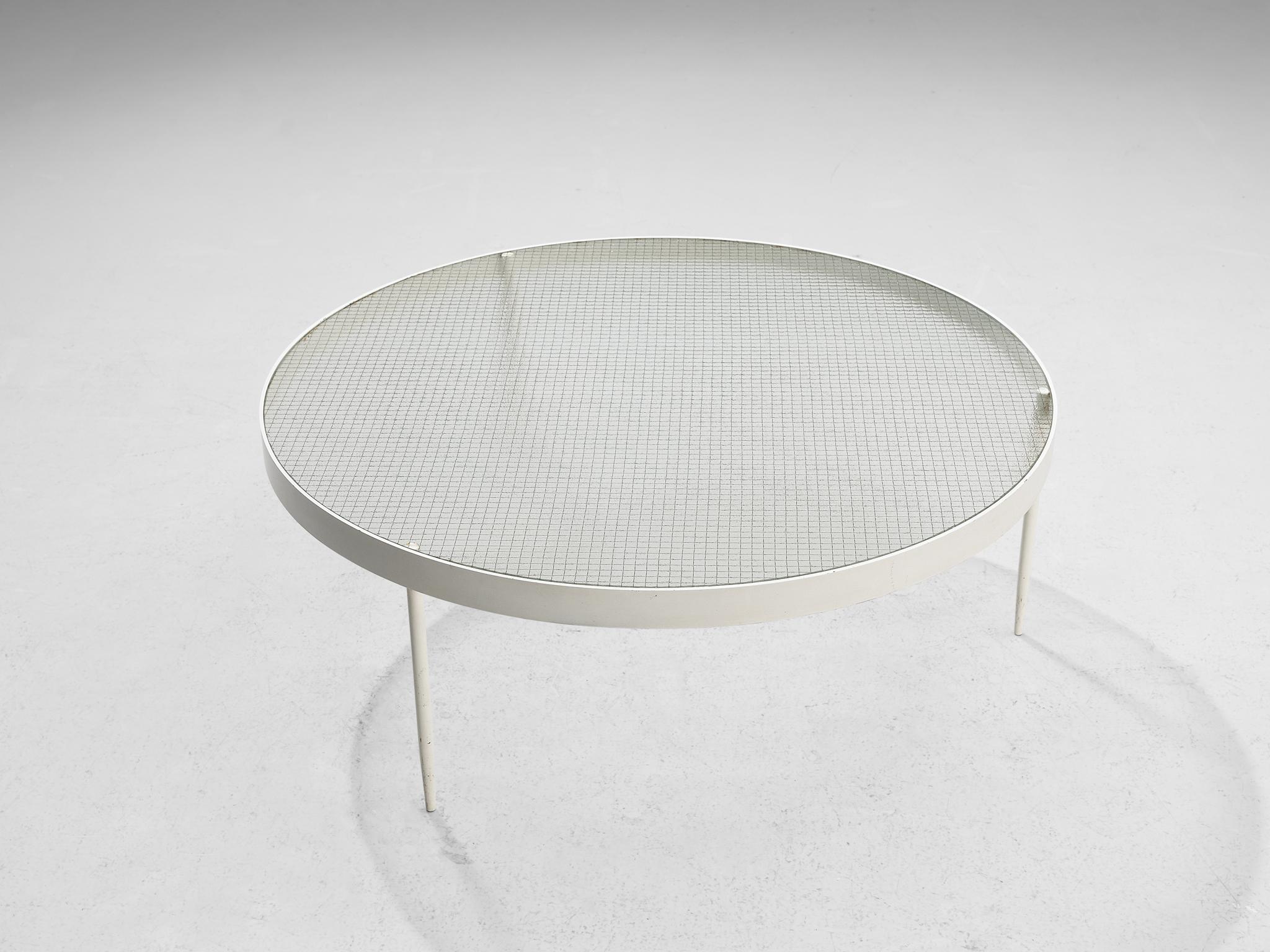 Mid-20th Century Janni Van Pelt Round Coffee Table in White Lacquered Metal and Wired Glass  For Sale