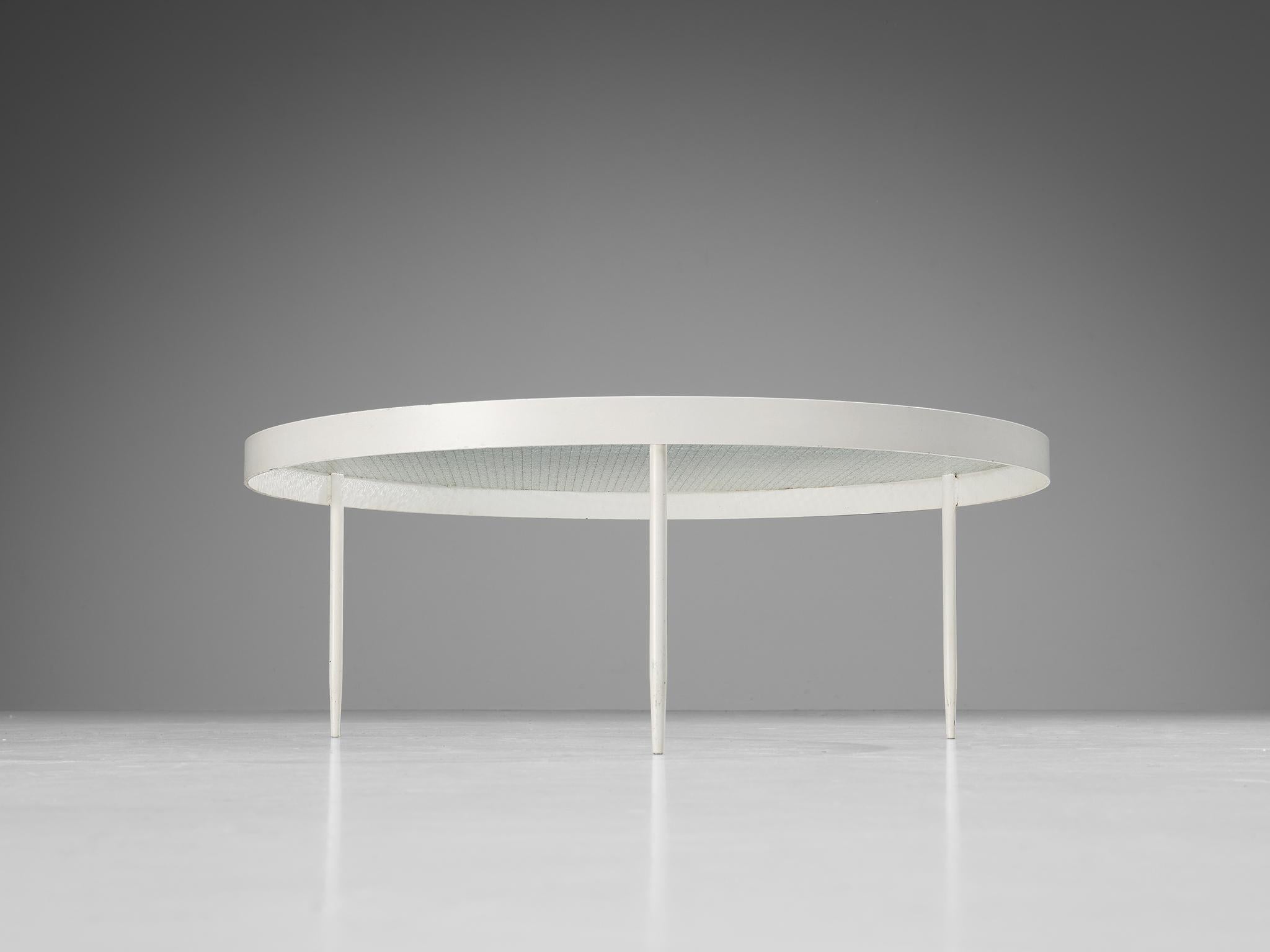 Janni Van Pelt Round Coffee Table in White Lacquered Metal and Wired Glass  For Sale 1