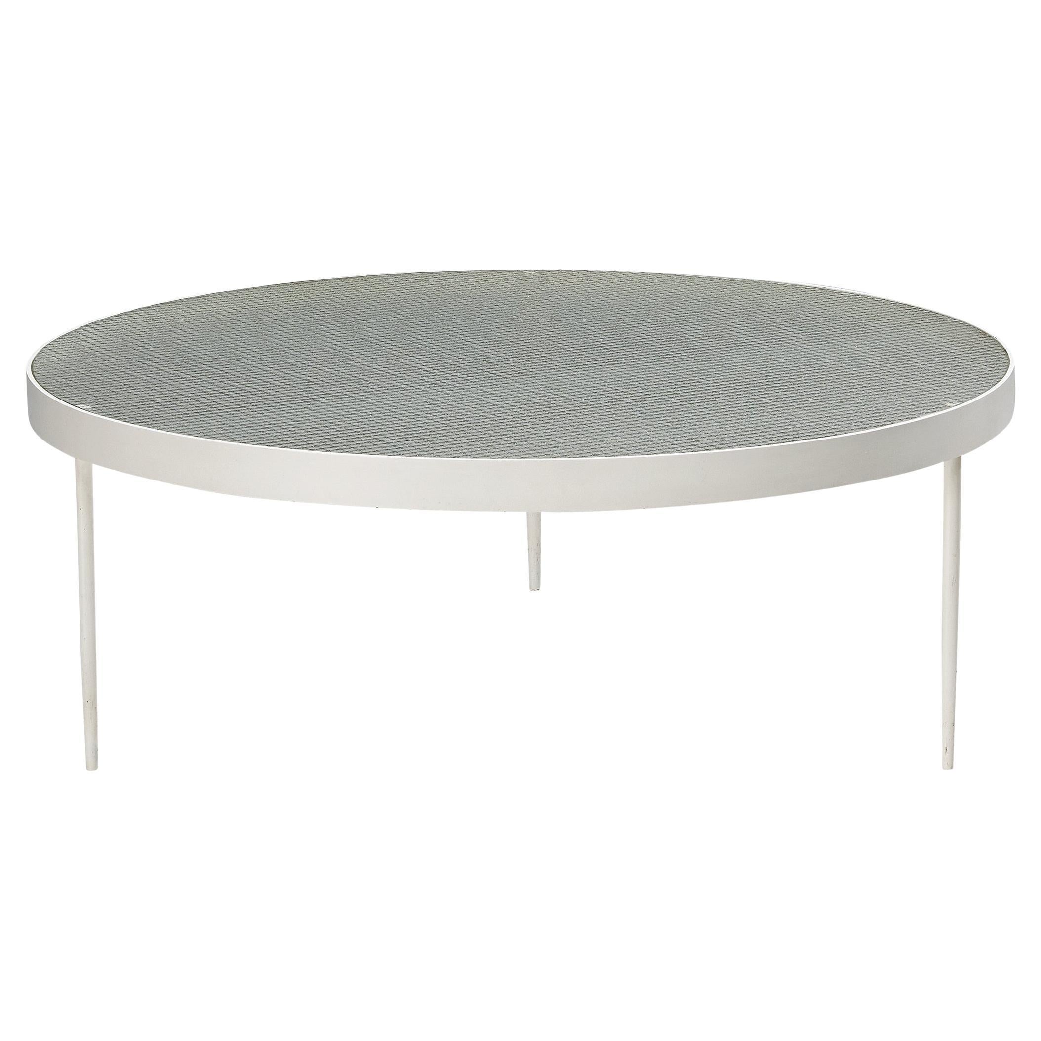 Janni Van Pelt Round Coffee Table in White Lacquered Metal and Wired Glass  For Sale