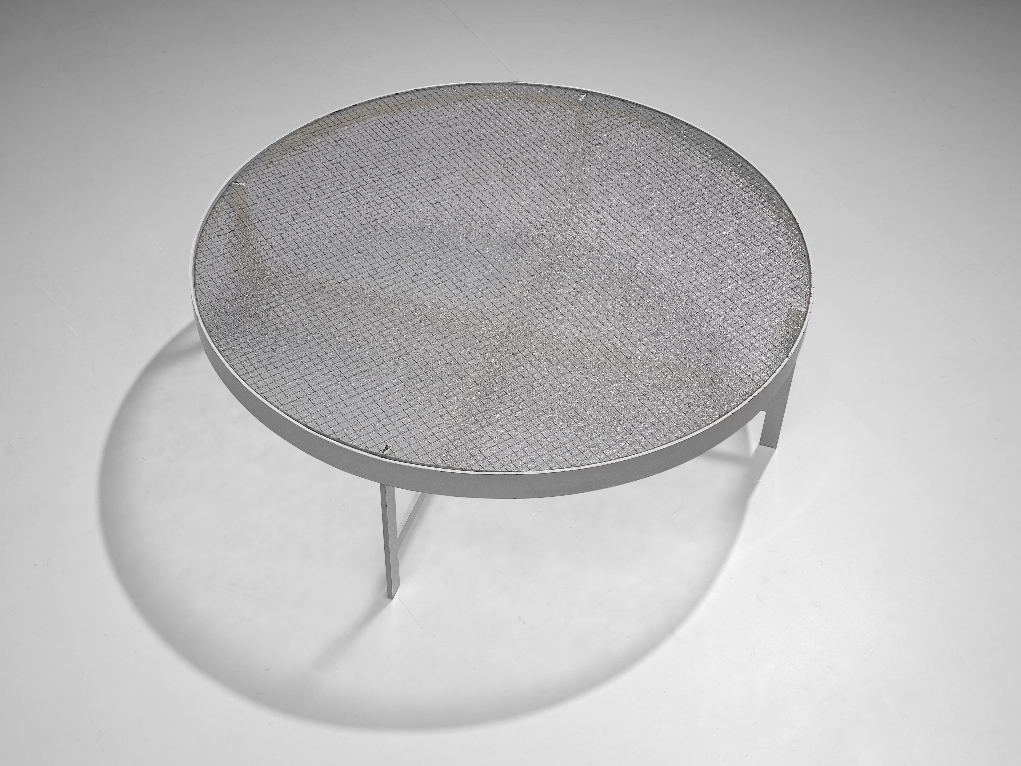 Janni Van Pelt Round Coffee Table in White Metal and Glass For Sale 1
