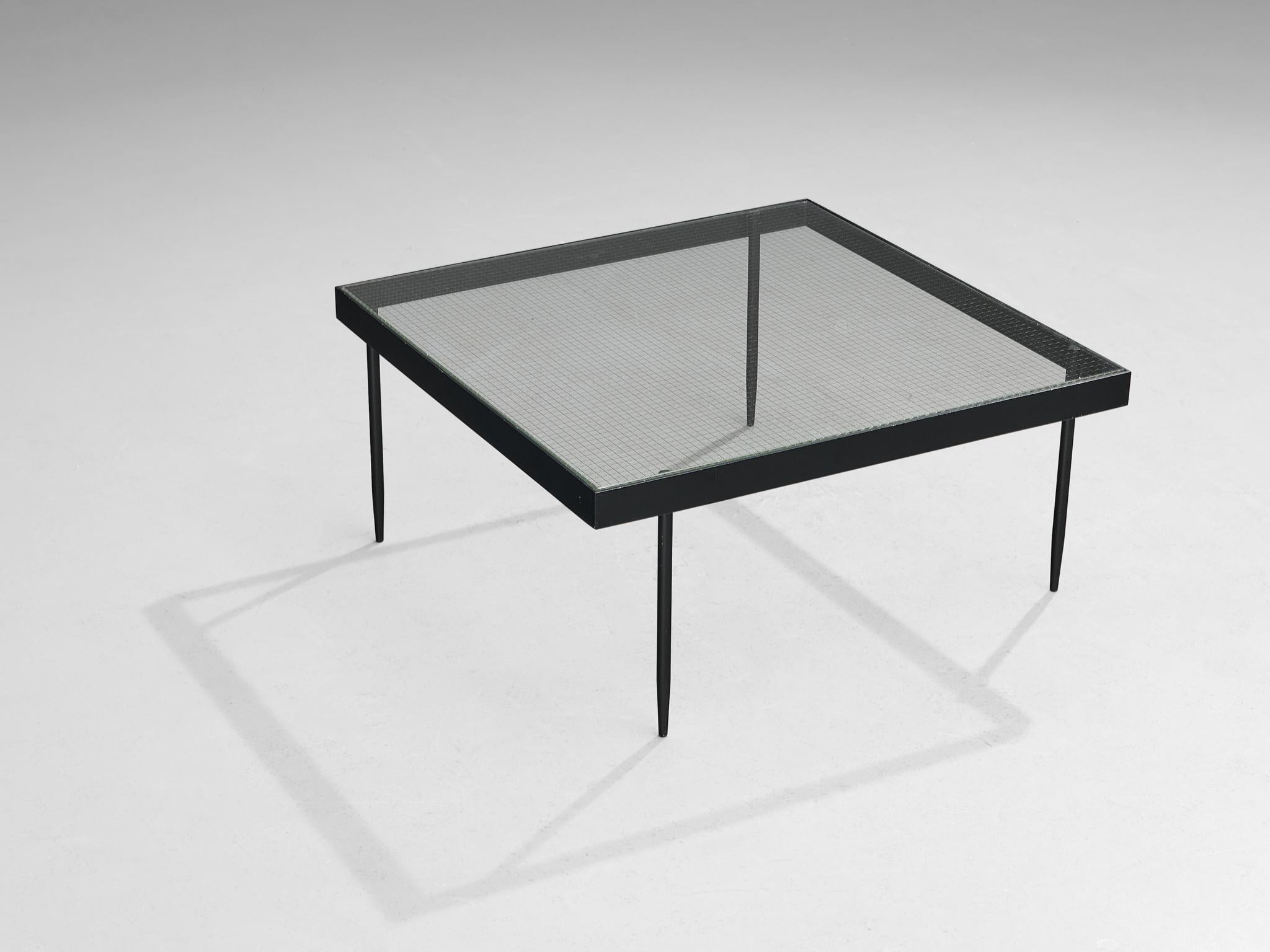 Janni van Pelt, coffee table, model G4A, coated steel, wired glass, The Netherlands, 1958

This coffee table is designed by Janni van Pelt and characterized by simple lines and clear geometry. The black coated square-shaped framework is accompanied