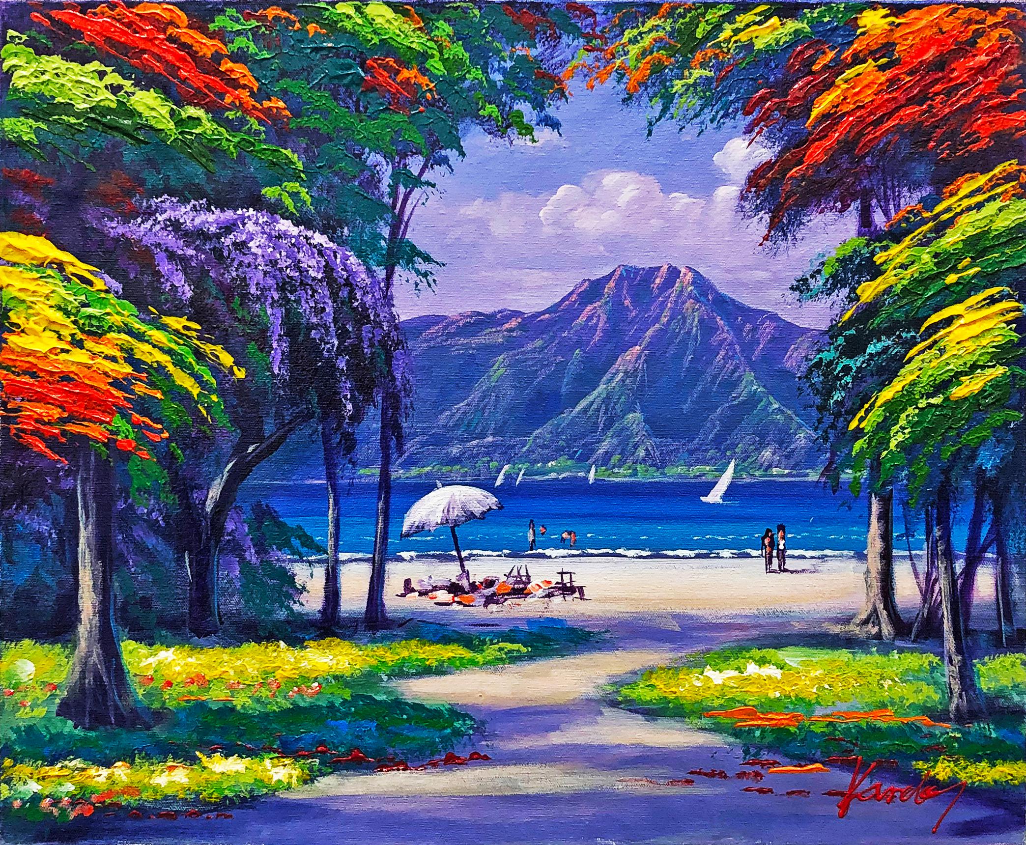 Day at the Beach (gerahmtes Originalgemälde auf Leinwand) – Painting von Janos Kardos
