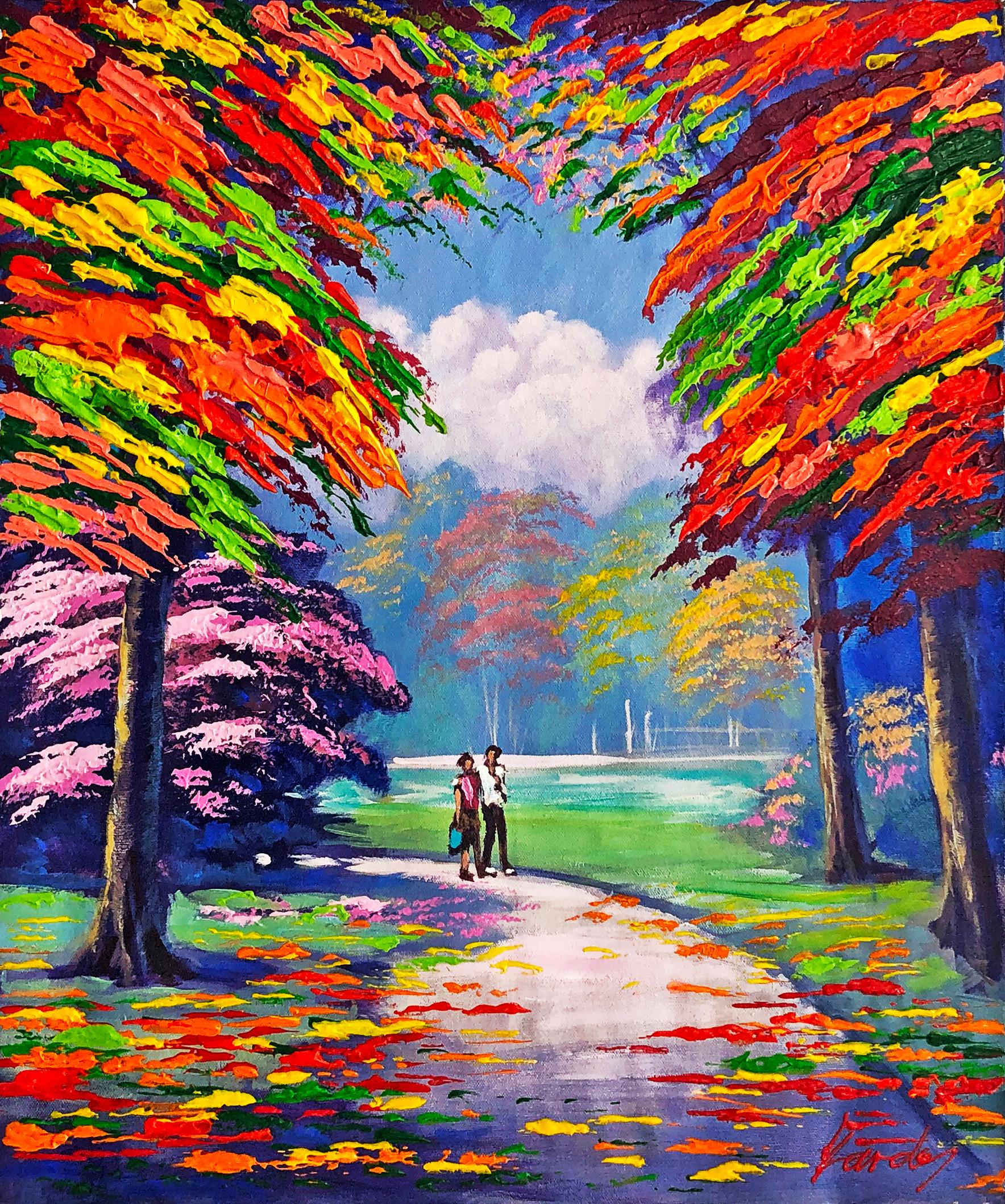 Paseo de los amigos (cuadro original enmarcado sobre lienzo) - Painting de Janos Kardos