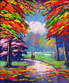 Friends Walk, peinture acrylique texturée sur toile, signée, 27x23 in. Encadré