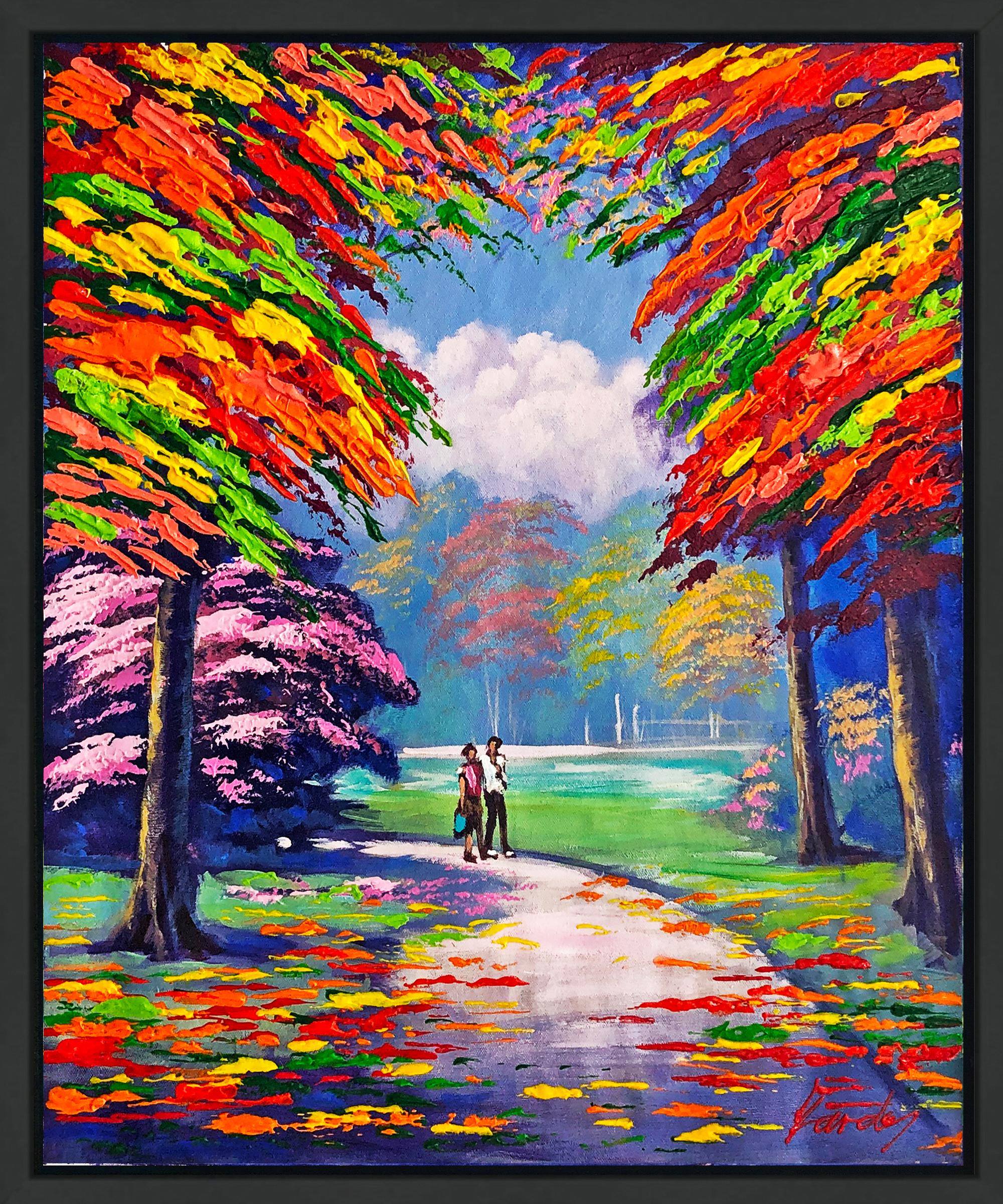 Figurative Painting de Janos Kardos - Paseo de los amigos (cuadro original enmarcado sobre lienzo)