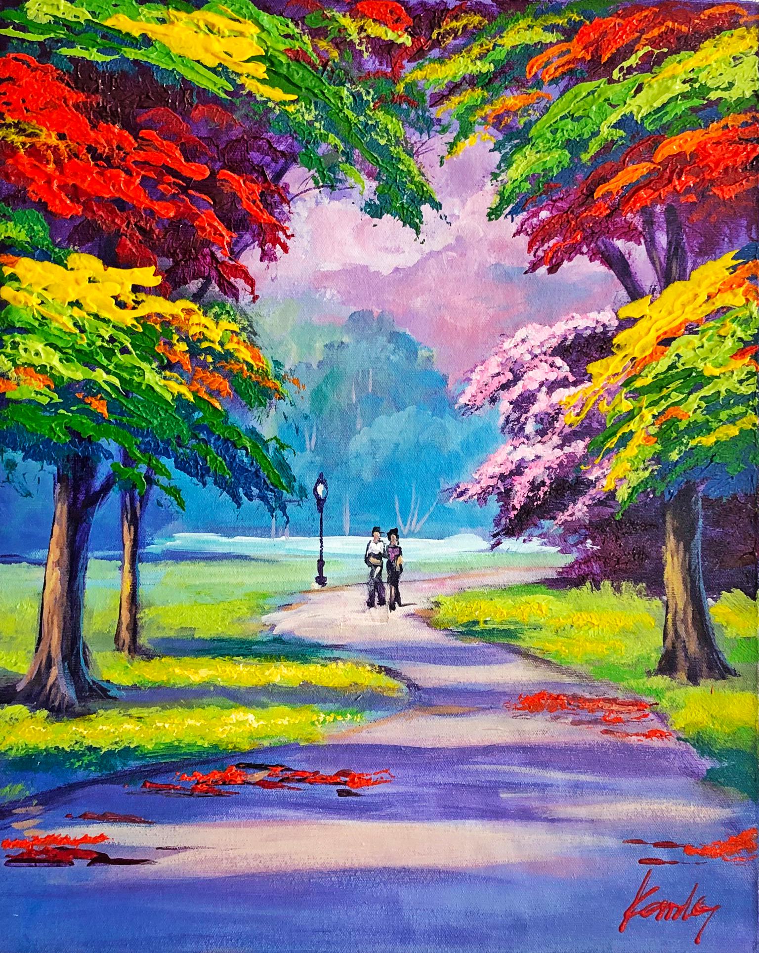 Sunset at the Park (framed original painting on canvas) - Painting by Janos Kardos