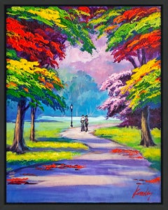 Atardecer en el parque (cuadro original enmarcado sobre lienzo)