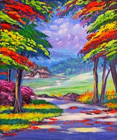 House in the Woods, Textured Acrylic Painting, Signed, 27x23 in.