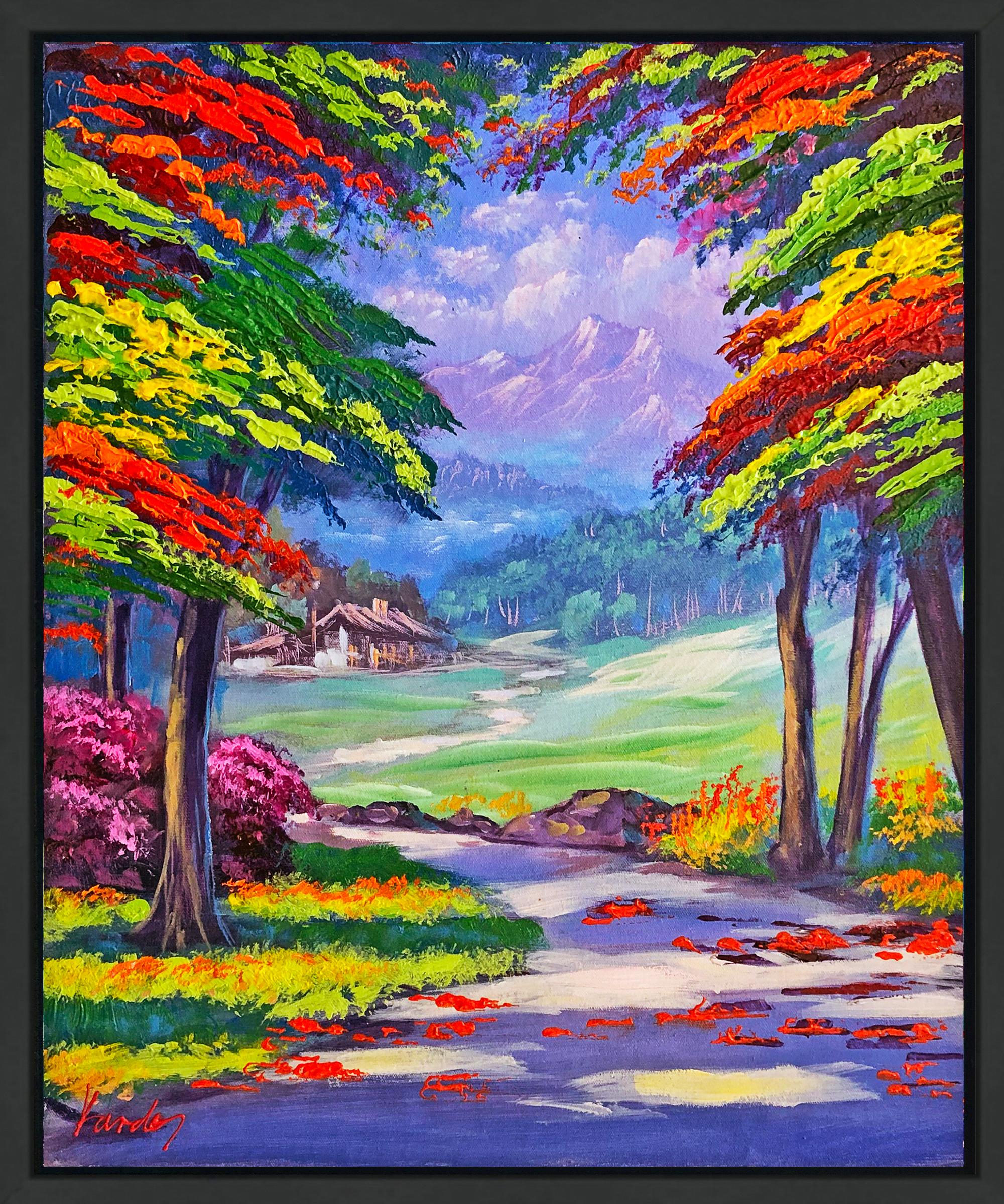 Figurative Painting de Janos Kardos - La casa en el bosque (cuadro original enmarcado sobre lienzo)