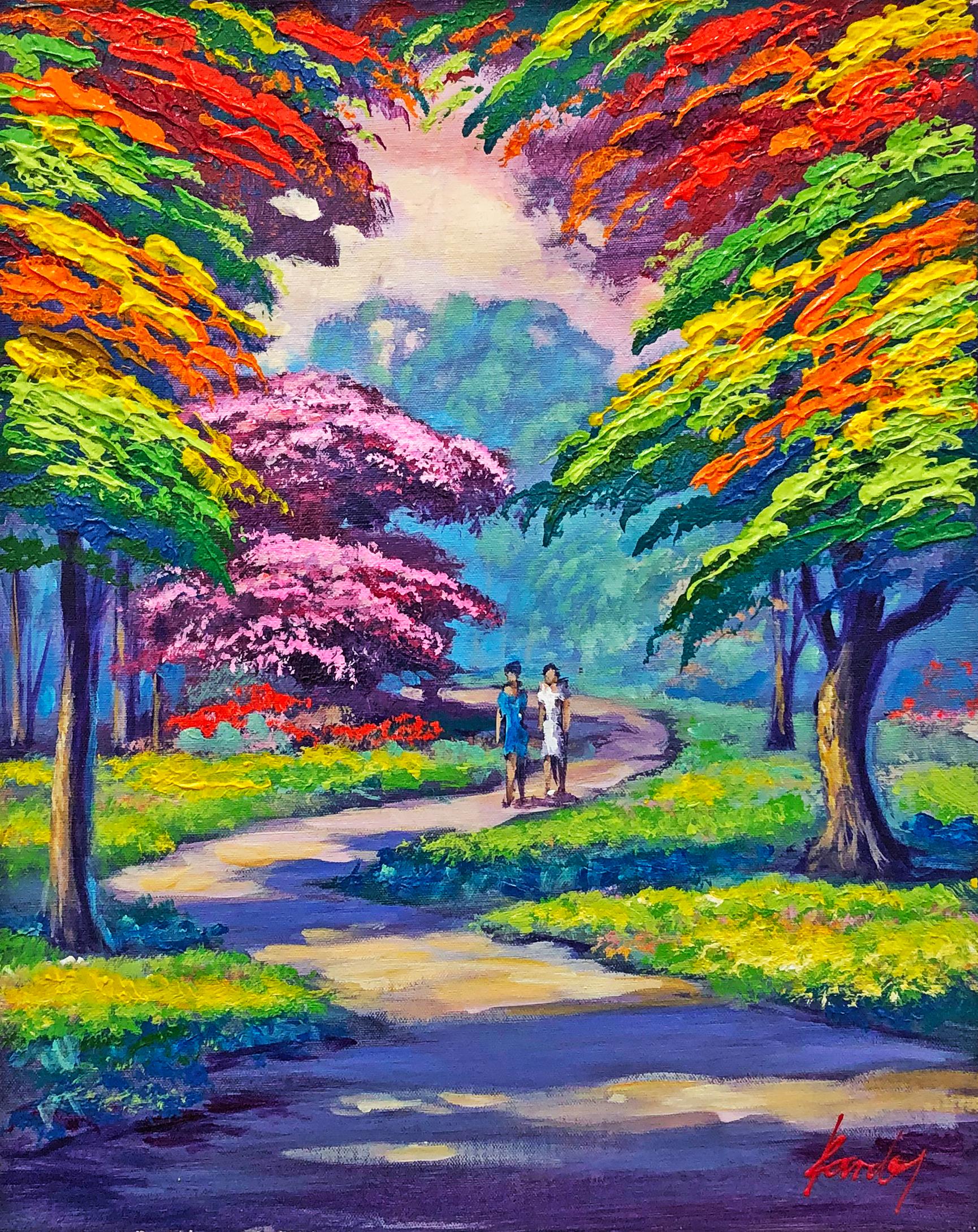Paseo con mi amigo (cuadro original enmarcado sobre lienzo) - Painting de Janos Kardos