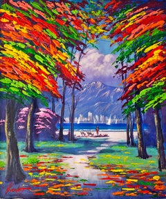 Weekend on the Beach, Textured Acrylic Painting on Canvas, Signed, 27x23 in.