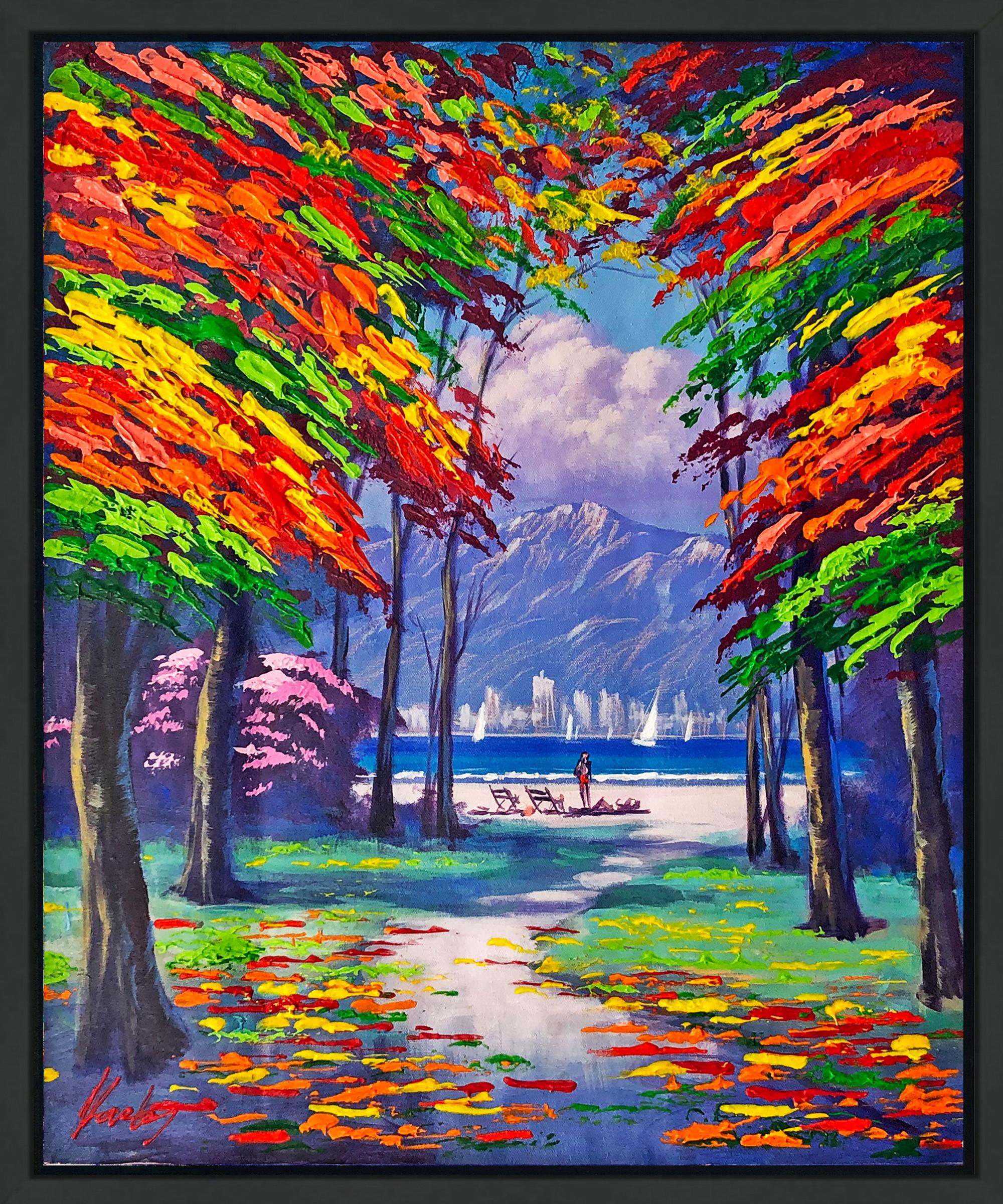 Figurative Painting di Janos Kardos - Weekend sulla spiaggia (quadro originale incorniciato su tela)