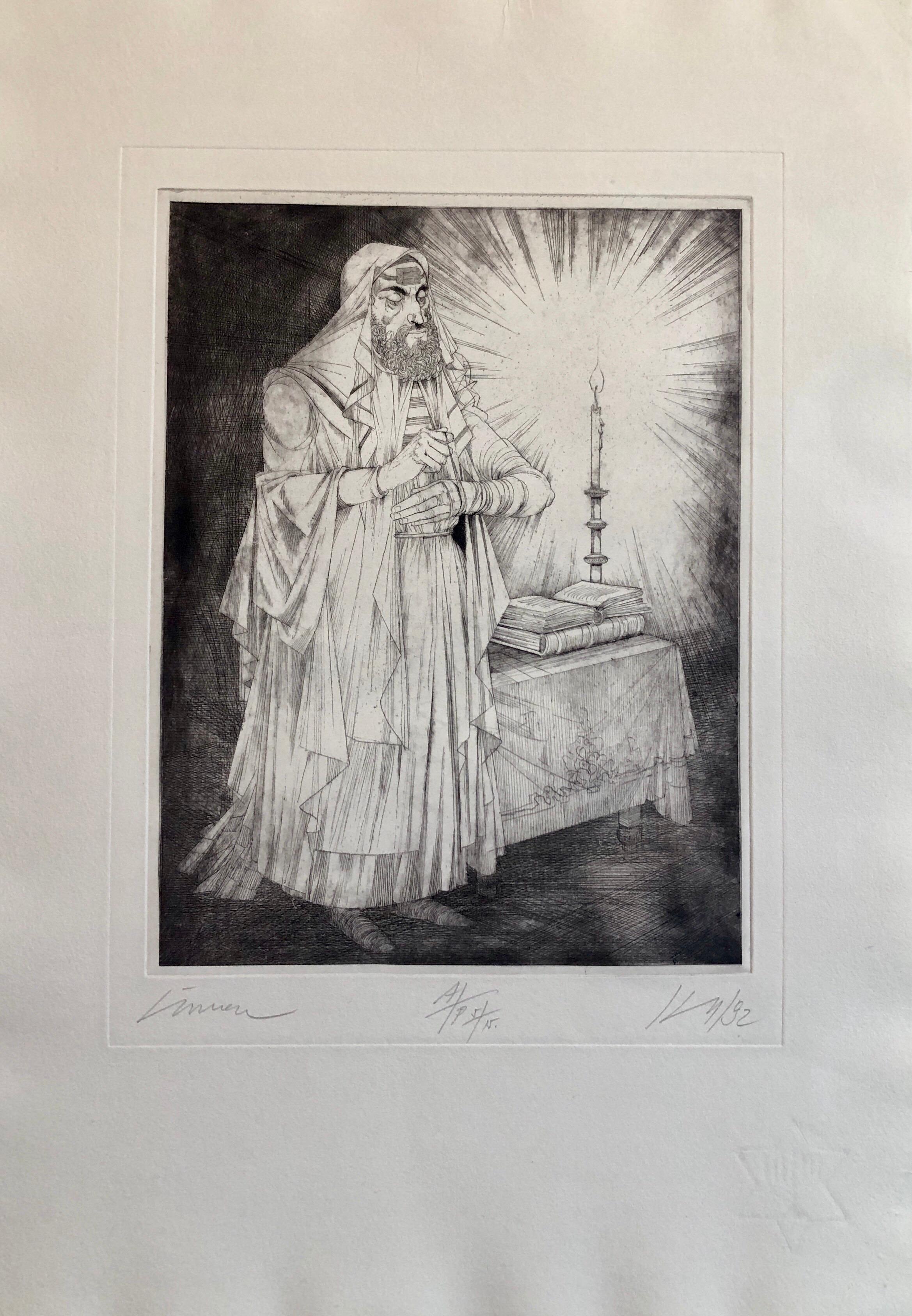 Ungarischer modernistischer Judaica-Radierungsdruck mit Teffilin-Druck, jüdischer Rabbiner im Gebet – Print von Janos Kass
