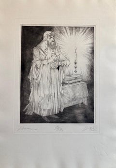 Hungarian Modernist Judaica Etching Print Teffilin, Jewish Rabbi in Prayer