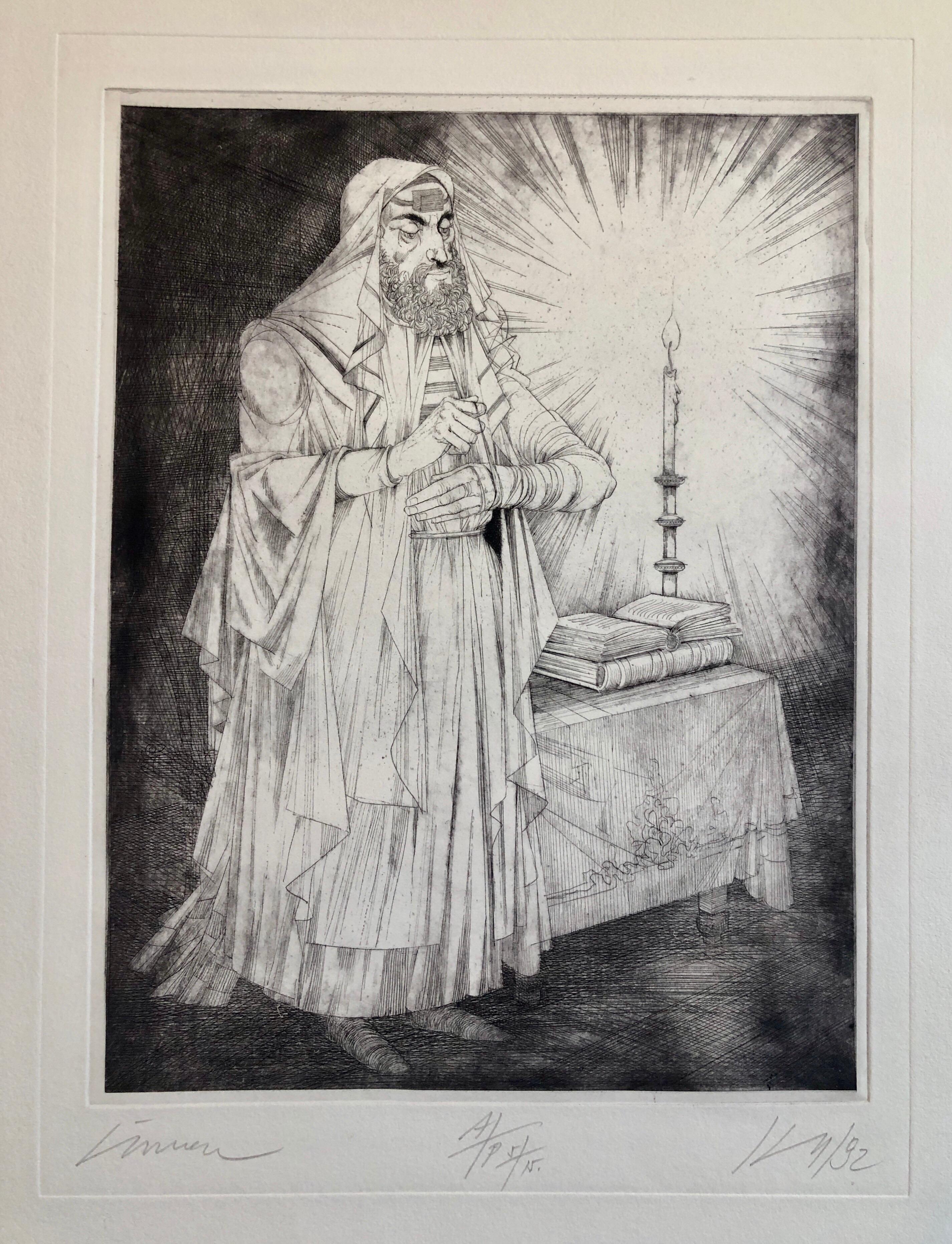 Janos Kass Figurative Print – Ungarischer modernistischer Judaica-Radierungsdruck mit Teffilin-Druck, jüdischer Rabbiner im Gebet