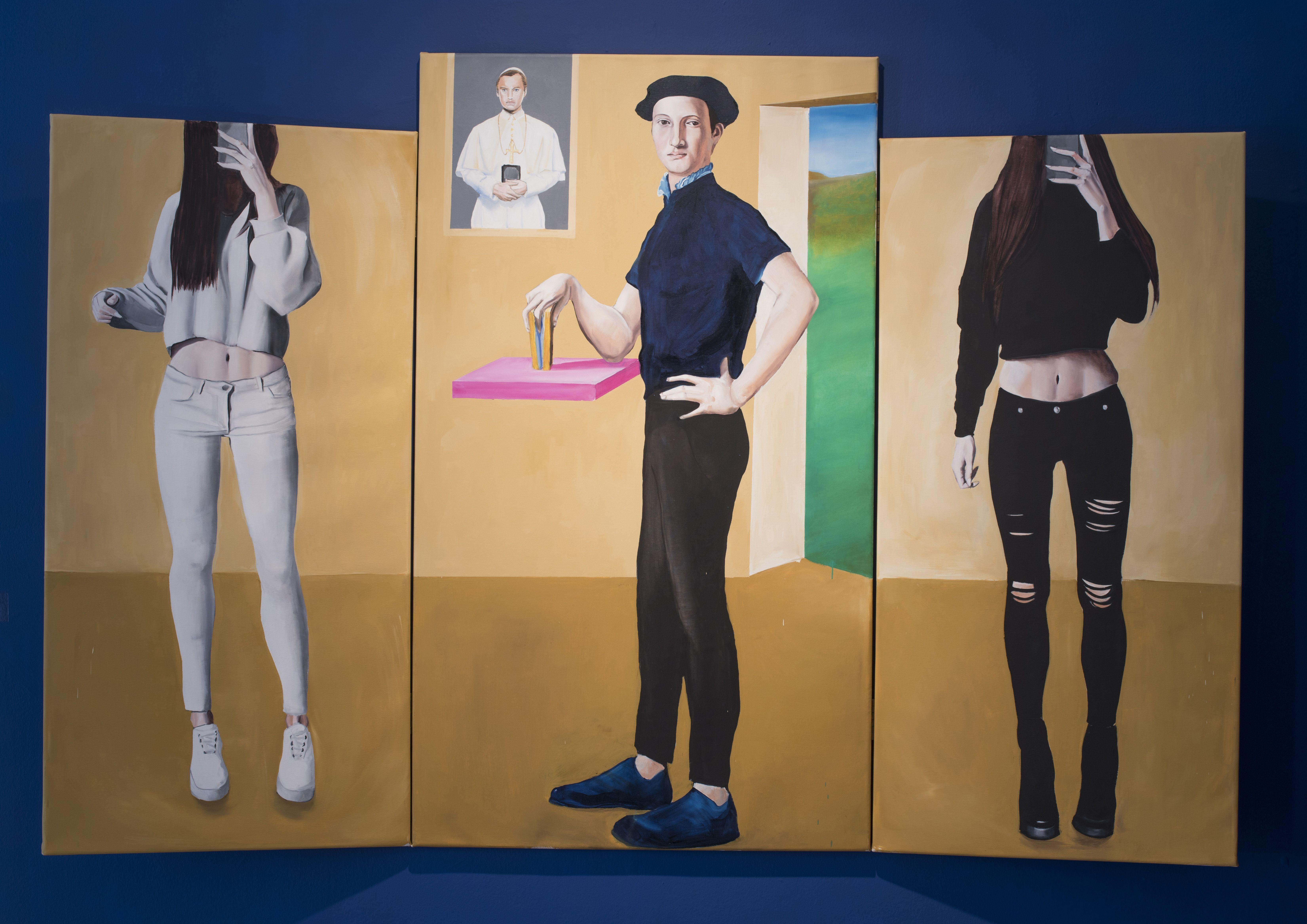Figurative Painting de Janos Kujbus - Selfie (tríptico), Pintura, Óleo sobre lienzo