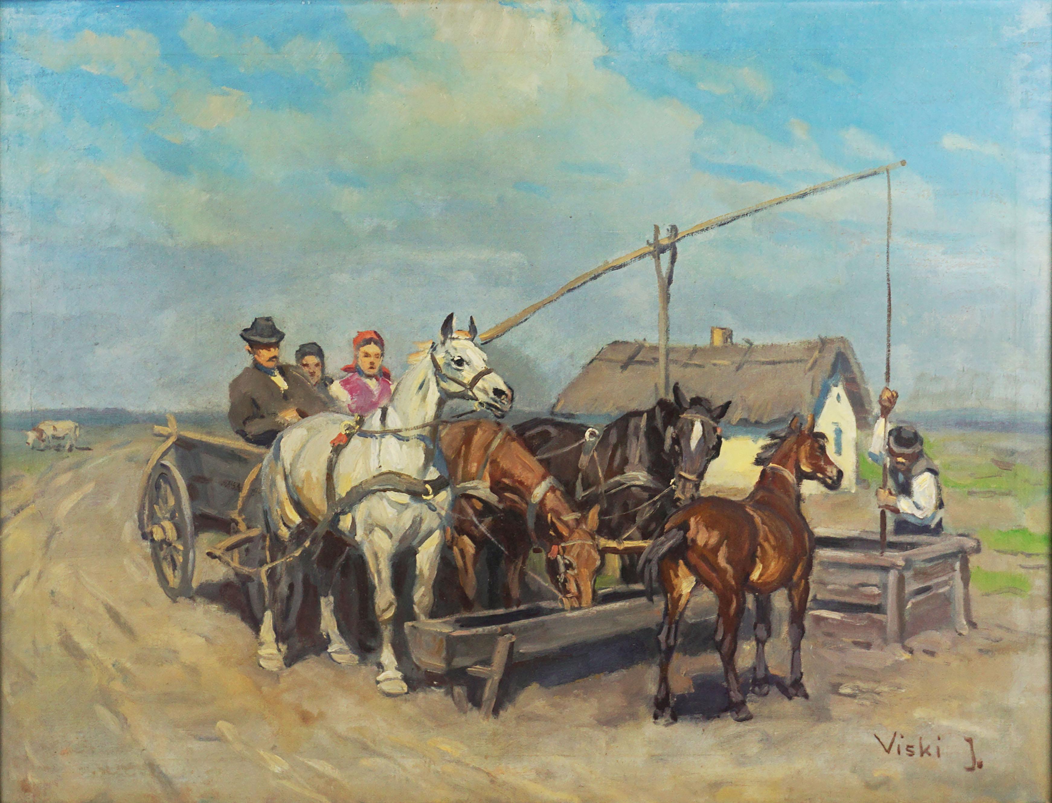 Stopping to water the driven horses Figurative - Painting by Janos Viski