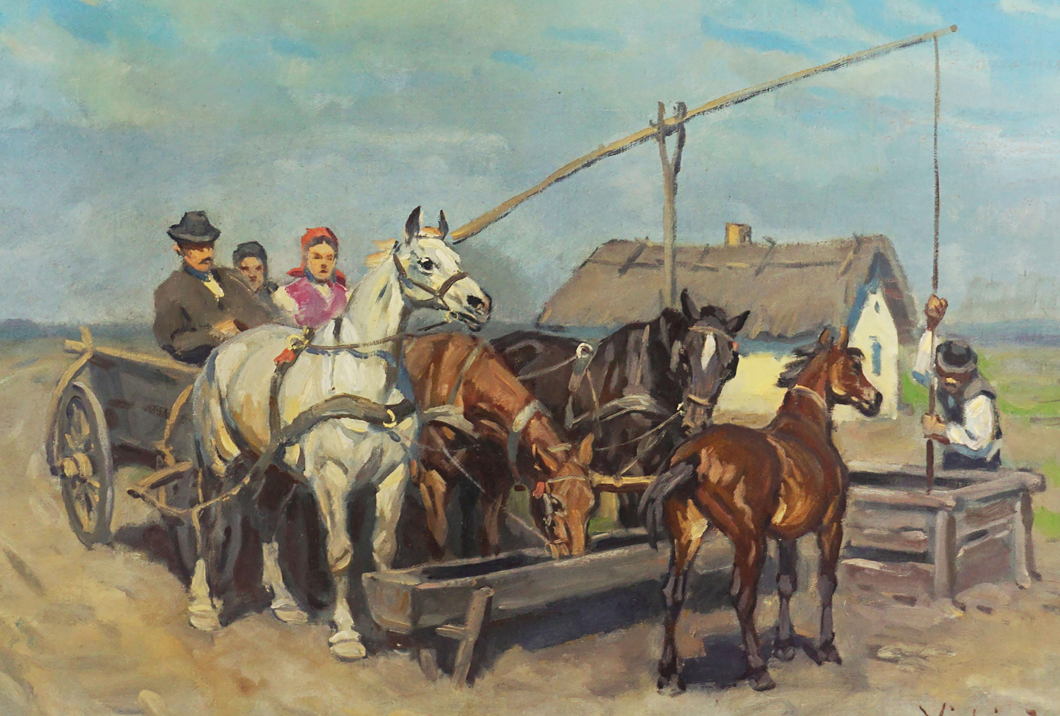 S'arrêtant à l'eau pour voir les chevaux acharnés - Figuratif - Impressionnisme Painting par Janos Viski