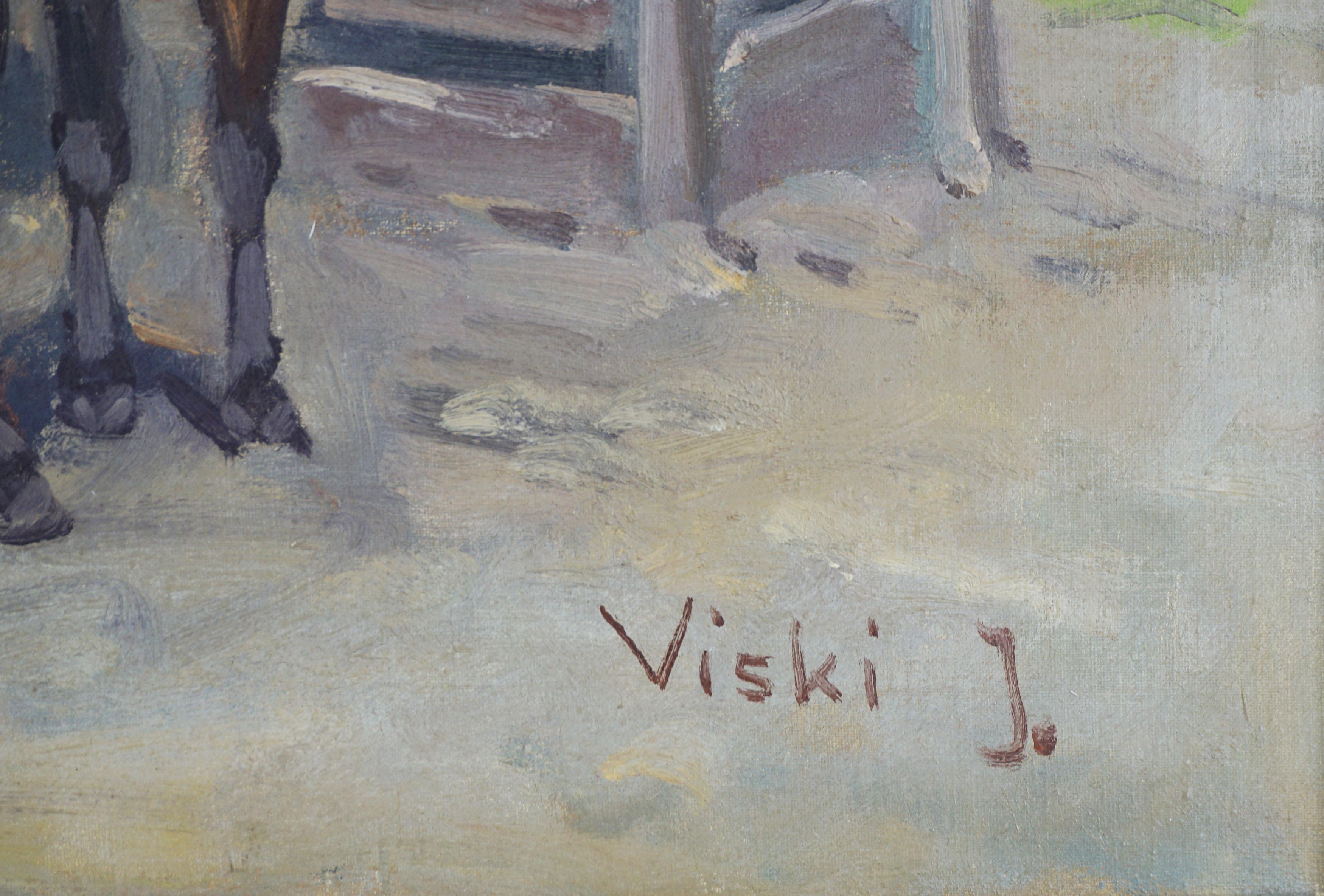 Stopfen, um die getriebenen Pferde zu Wasser, figürlich (Impressionismus), Painting, von Janos Viski