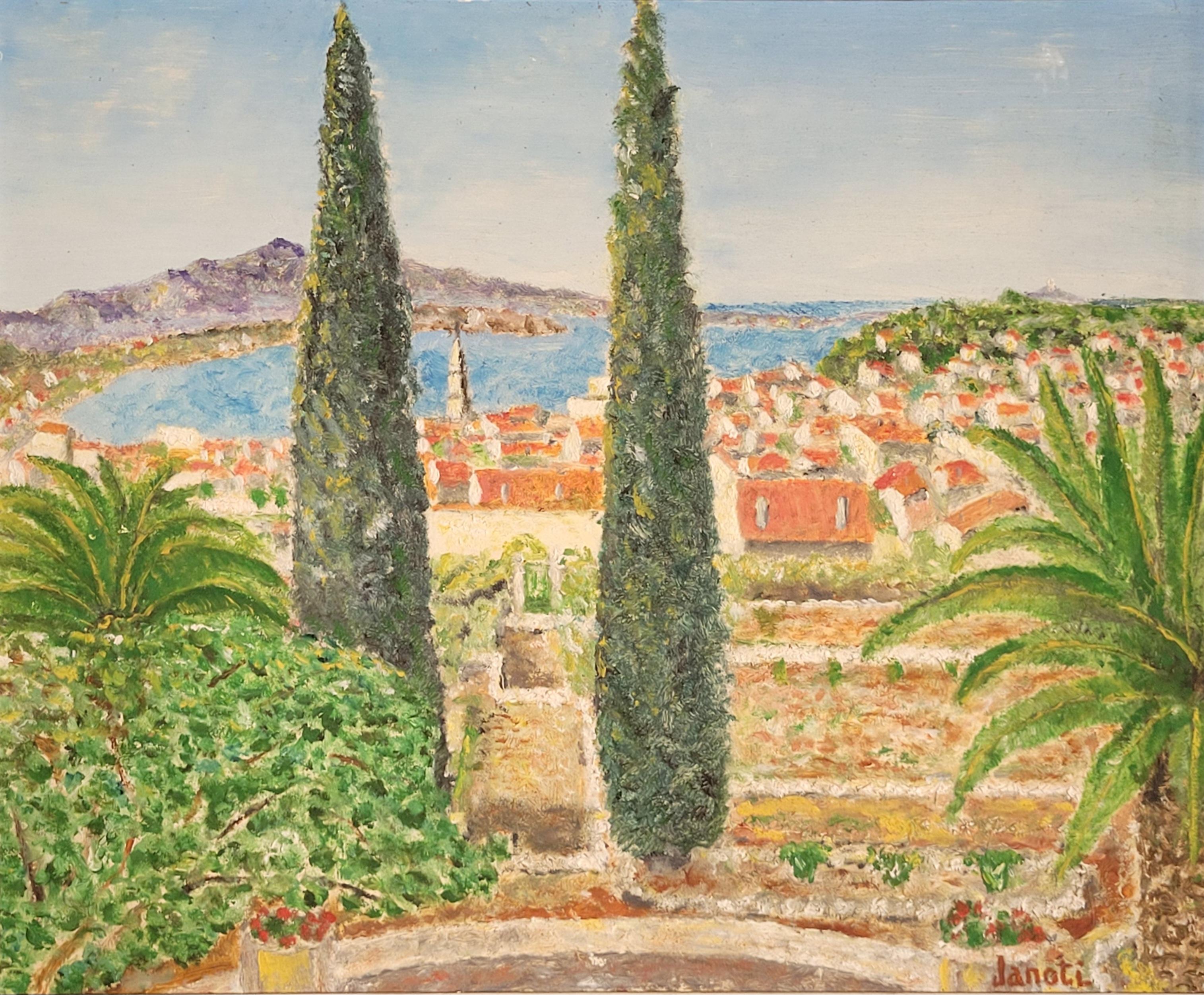 Die Côte d'Azur. Öl-Landschaftsgemälde aus der Mitte des Jahrhunderts. – Painting von Janoti