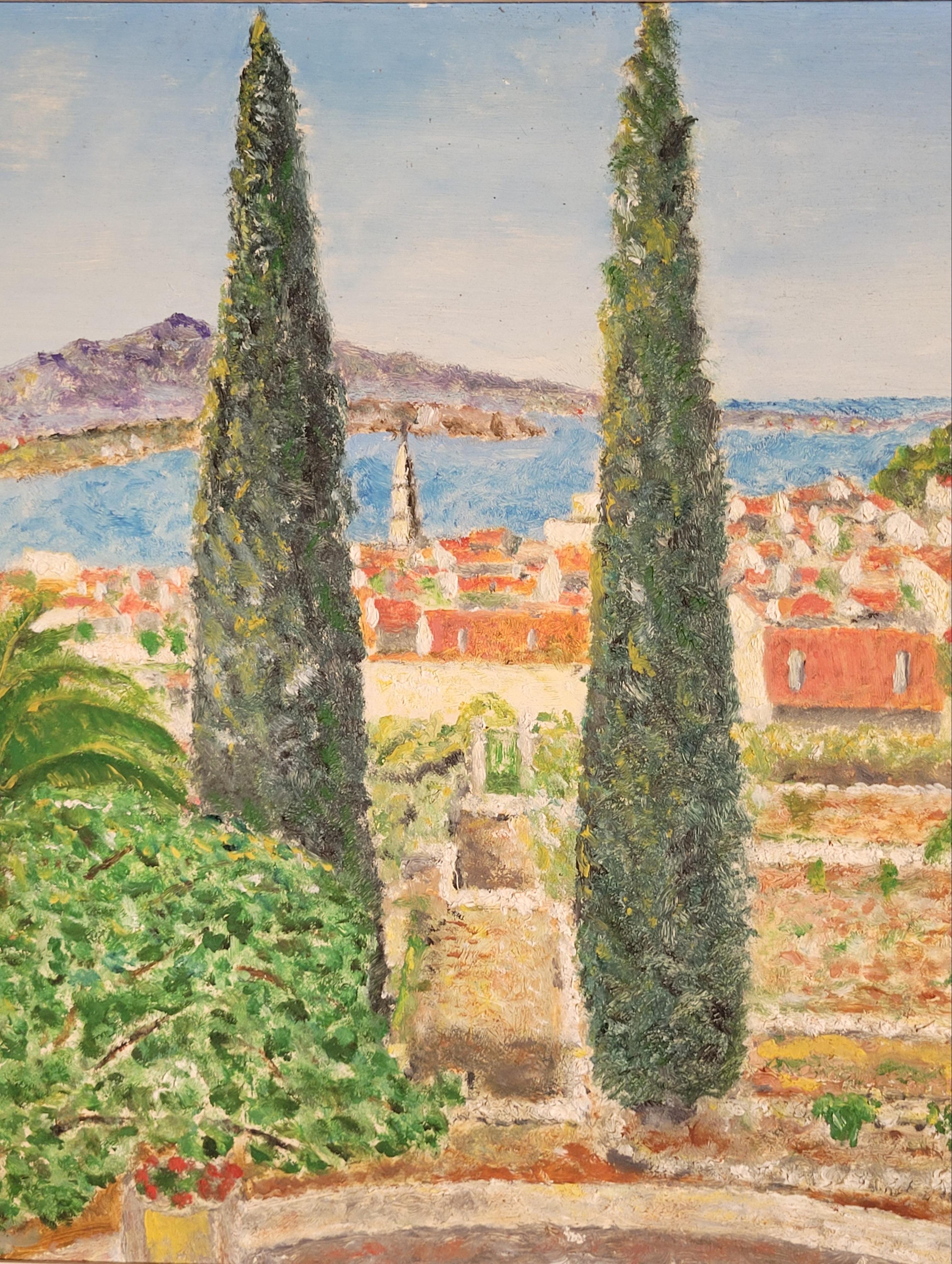 Die Côte d'Azur. Öl-Landschaftsgemälde aus der Mitte des Jahrhunderts. (Beige), Landscape Painting, von Janoti