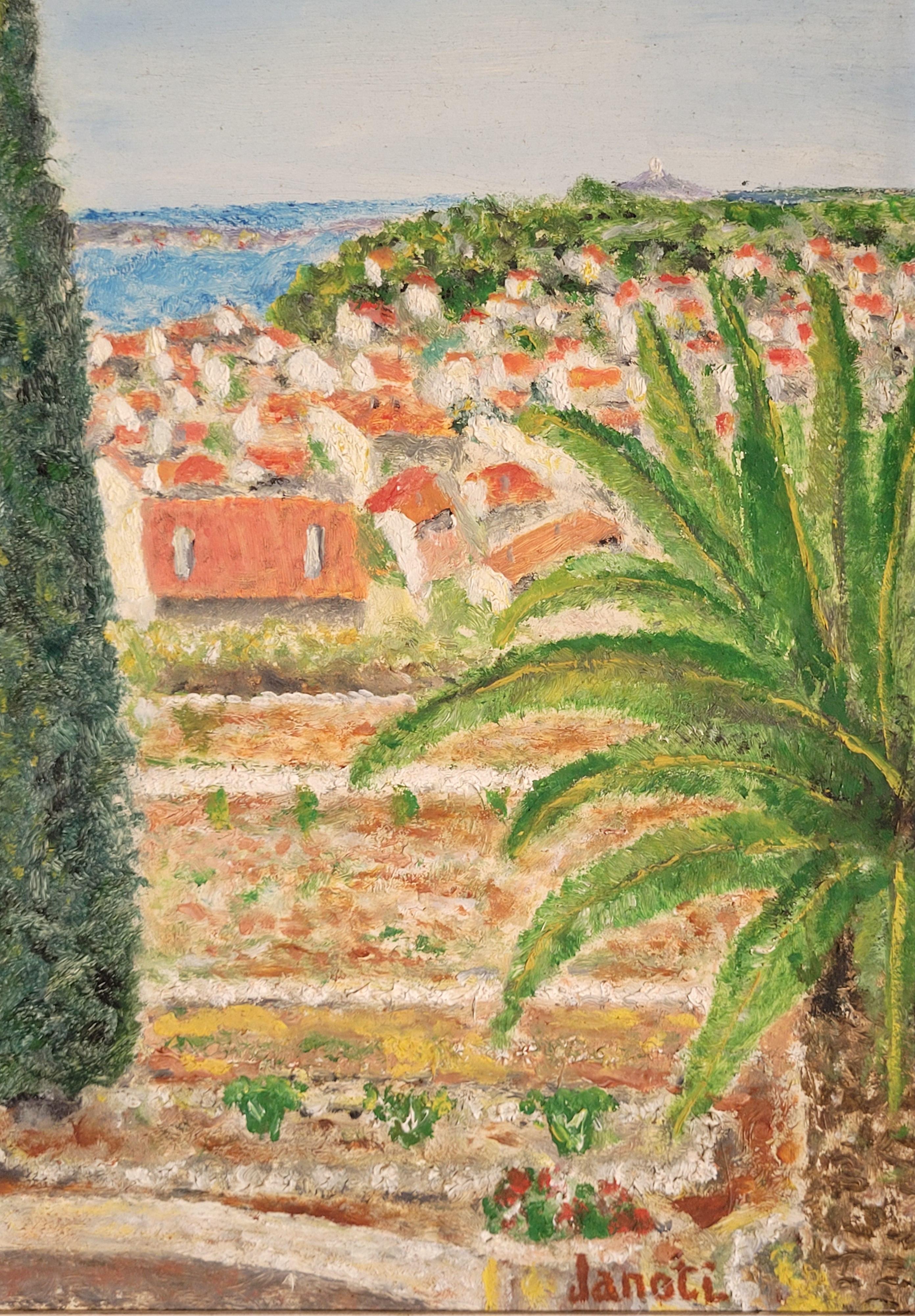 Öl auf Karton aus der Mitte des Jahrhunderts mit einer mediterranen Küstenszene von Janoti. Signiert unten rechts.

Dieses Kunstwerk fängt eine sonnenbeschienene mediterrane Landschaft ein, die von den kühnen vertikalen Linien zweier hoch