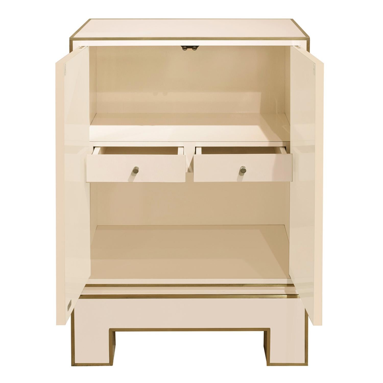 Modern Jansen 2 Door Cabinet in Ivory Lacquer with Brass Trim 1975 'Signed'